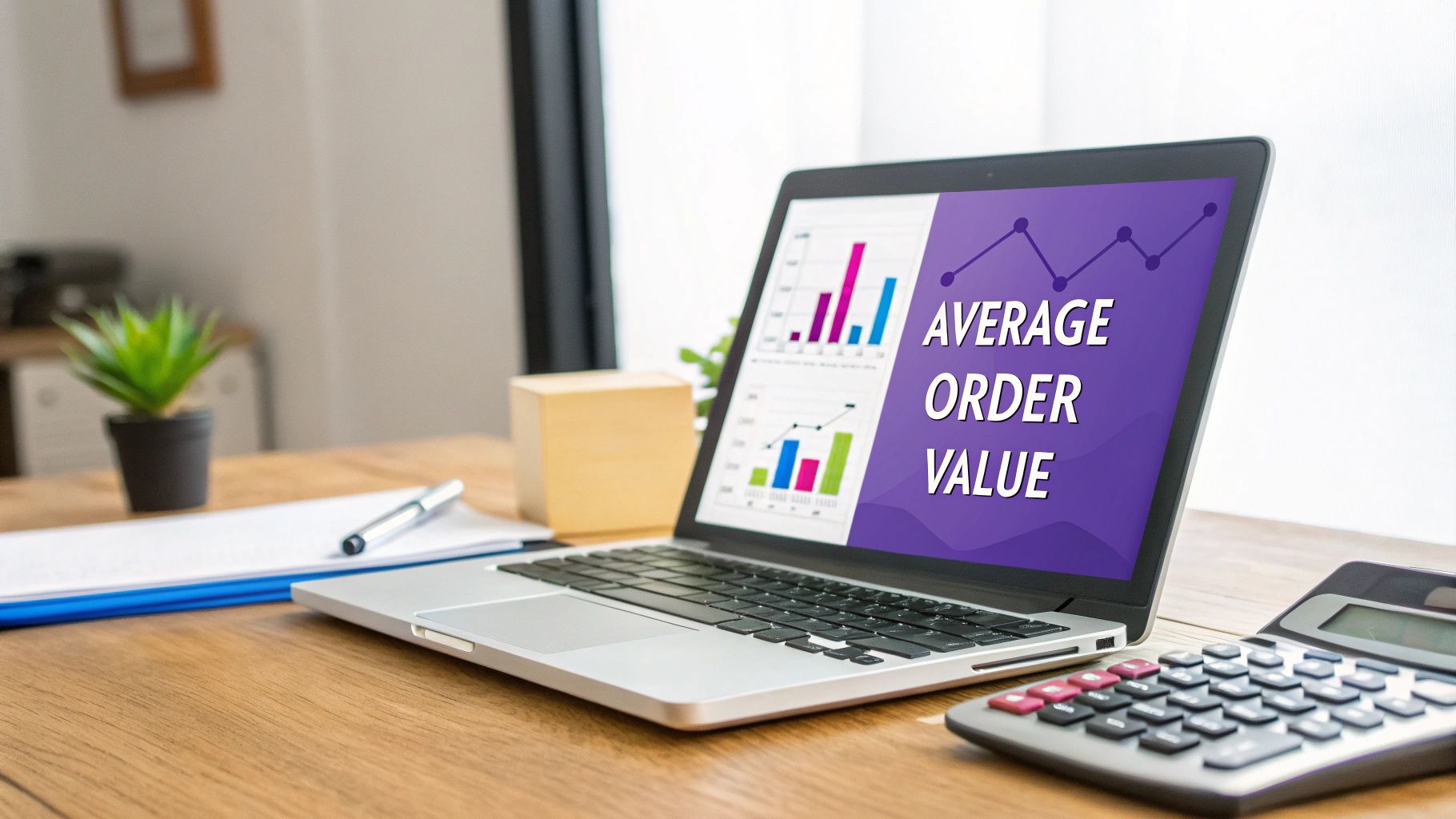 Laptop screen displaying average order value with graphs, calculator, and pen on a business desk.