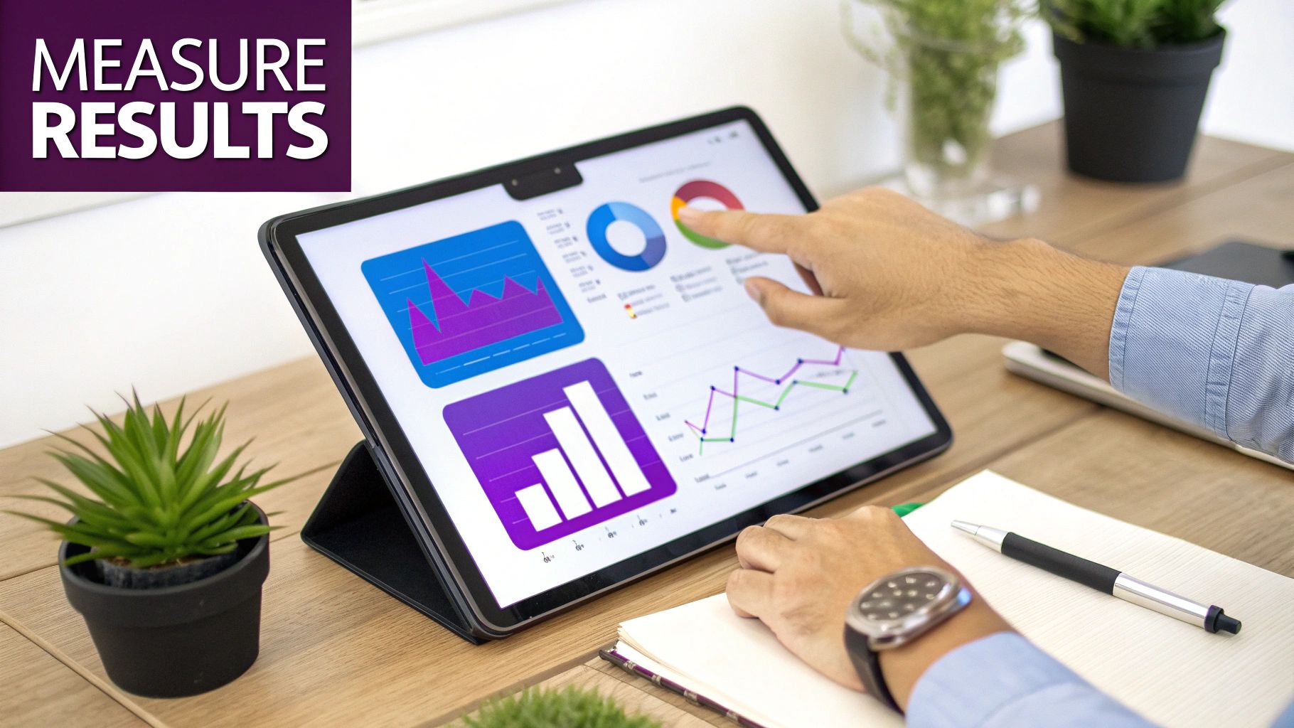 Person's hand tapping a tablet displaying various data charts, graphs, and the text 'MEASURE RESULTS'.