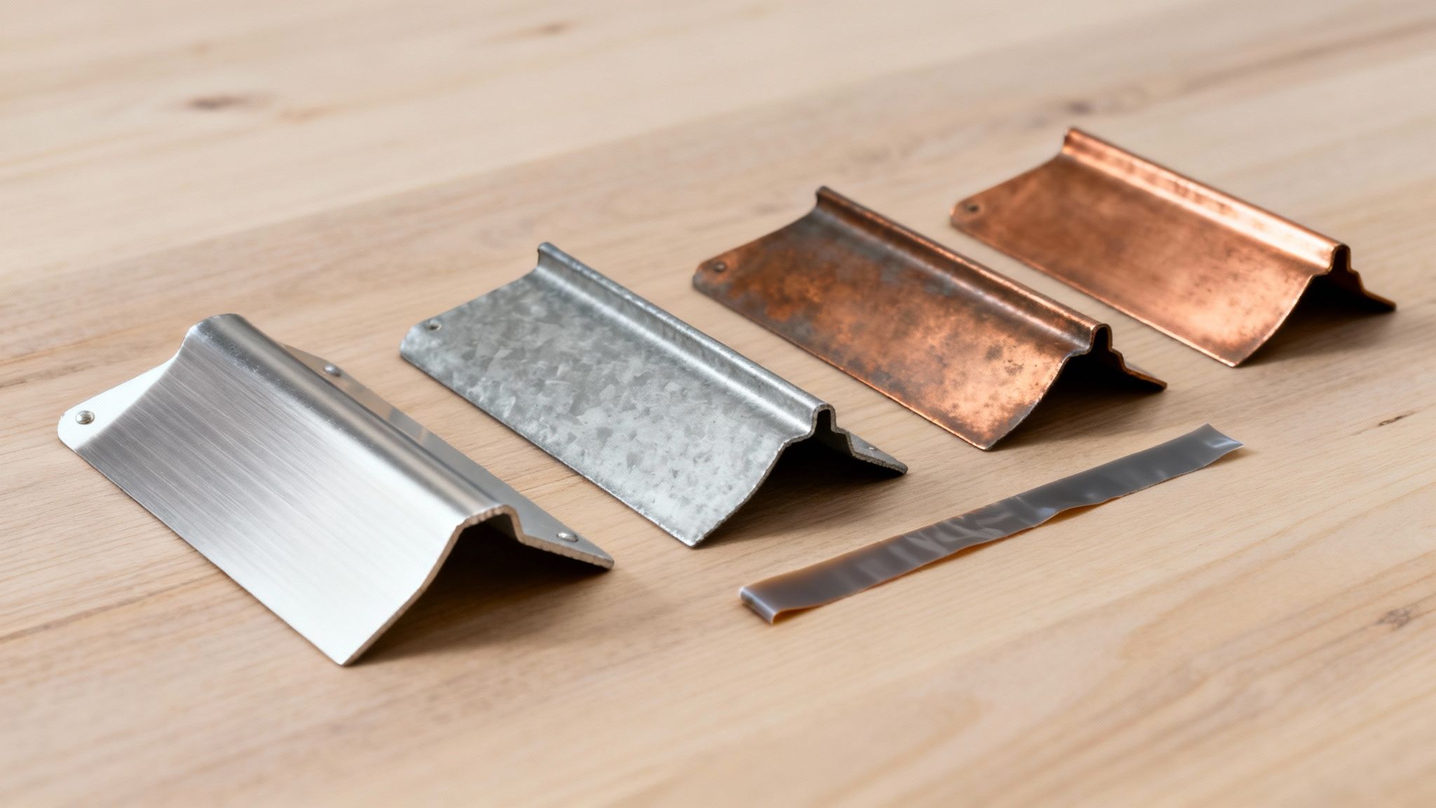 Four different metal gutter aprons, including silver and copper finishes, displayed on a wooden surface.