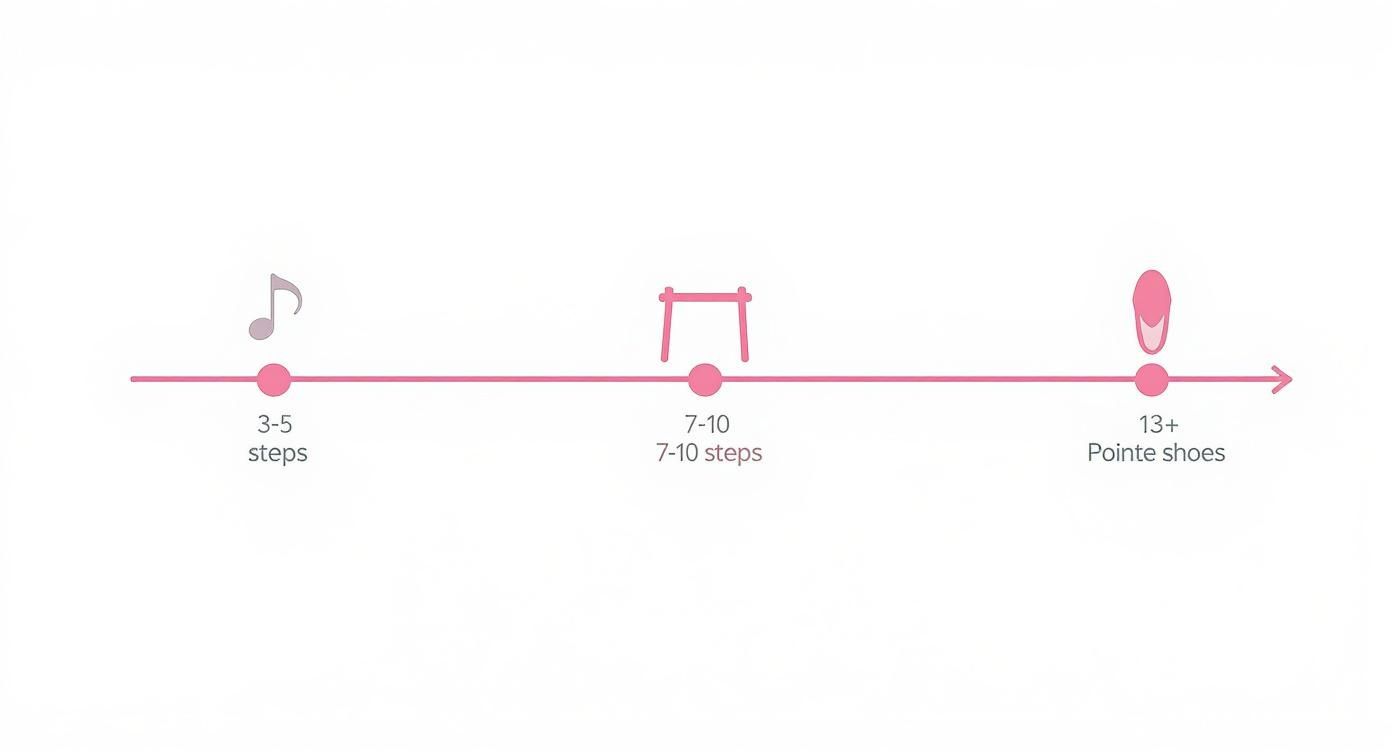 Timeline showing ballet development stages: 3-5 steps, 7-10 barre work, and 13+ pointe shoes.