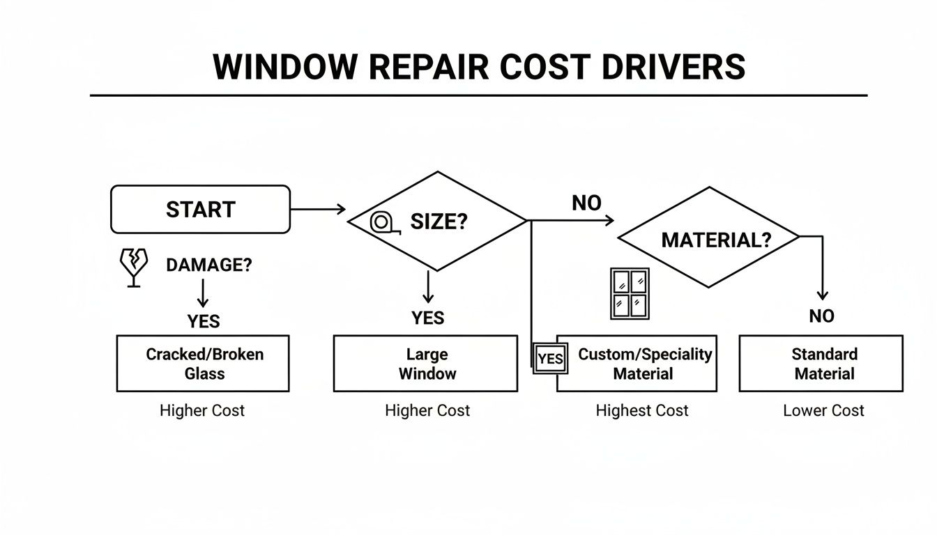 Flowchart illustrating the key factors that drive window repair costs, from damage to materials.