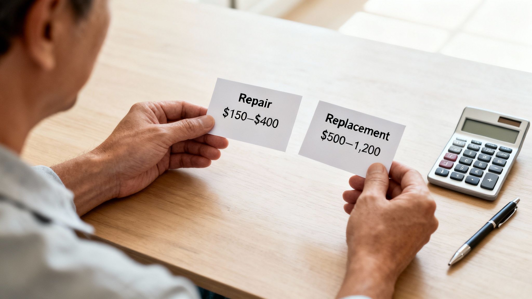 A person holds two cards, comparing repair costs ($150-$400) and replacement costs ($500-$1,200) for a decision.