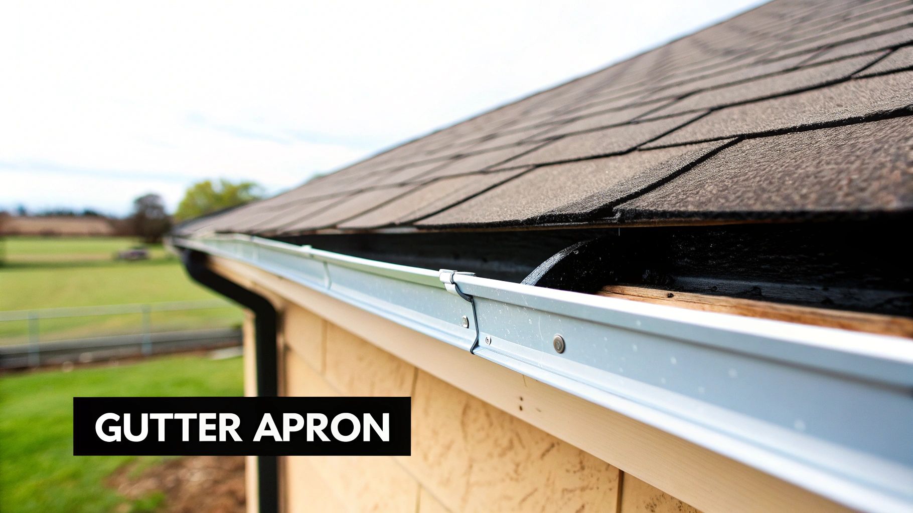 Close-up of a house roof and gutter, highlighting the area for a gutter apron installation.