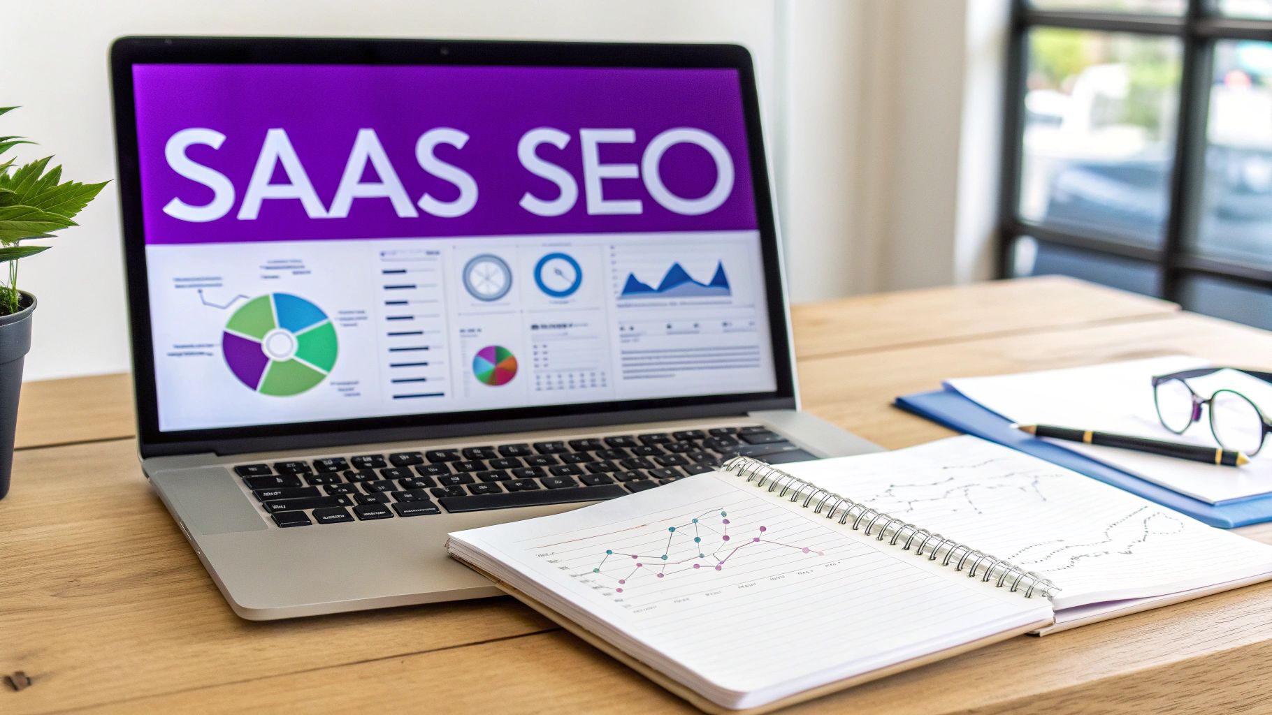 A laptop displaying 'SAAS SEO' and data analytics charts, with a notebook, pen, and glasses on a wooden desk.