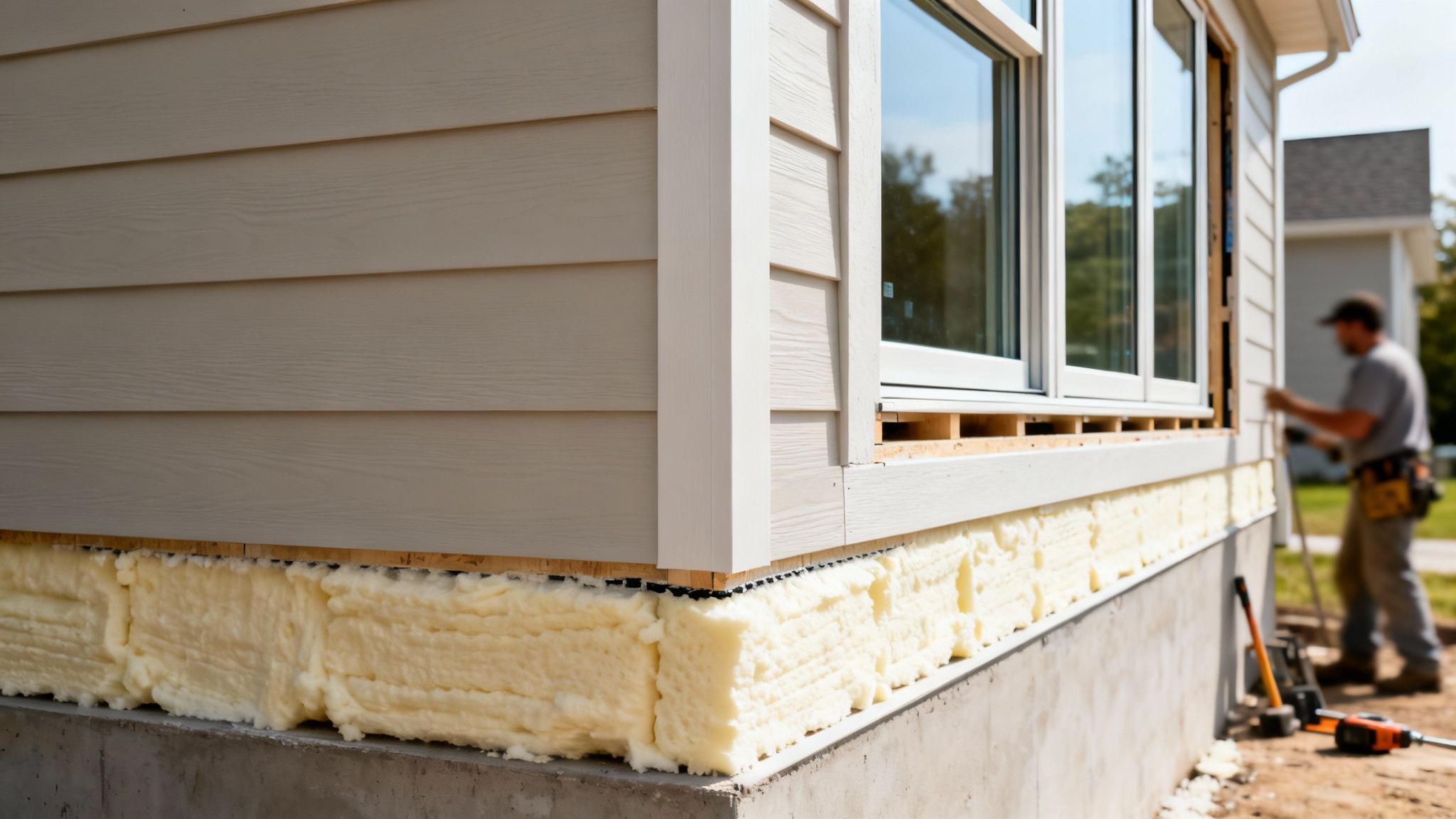 Exterior view of a house undergoing insulation and siding installation, with a worker in the background.