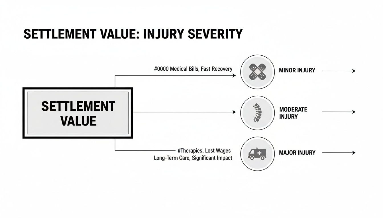 Diagram illustrating settlement value based on injury severity: minor, moderate, and major injuries.