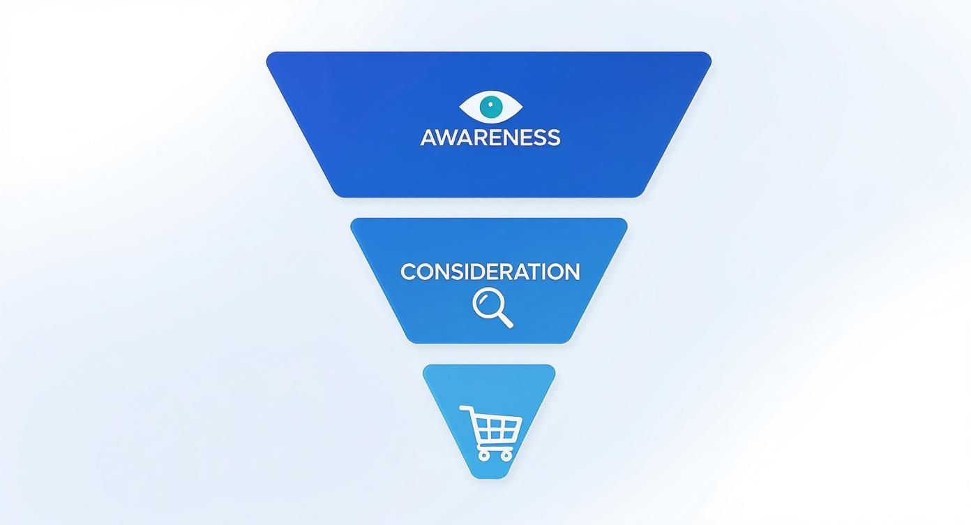 A three-stage sales conversion funnel diagram illustrating awareness, consideration, and purchase.