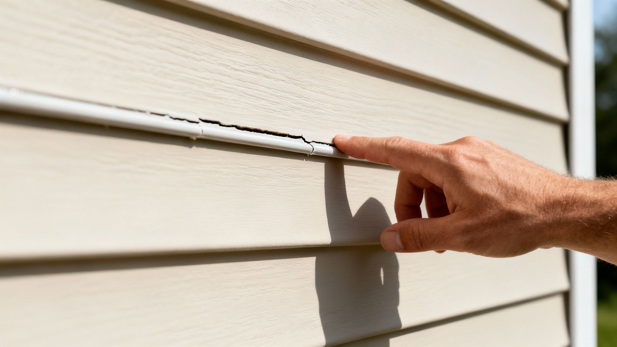 A person's hand points to a noticeable crack in light beige vinyl exterior house siding, indicating damage.