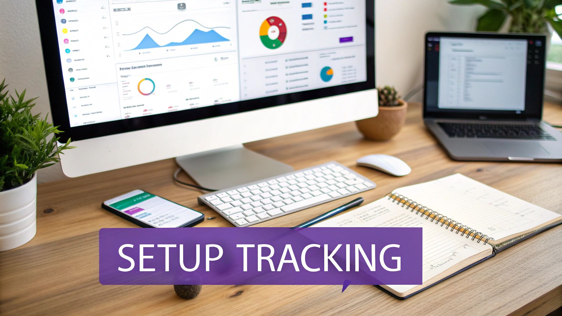 Desk with computer monitor showing data analytics, charts, laptop, smartphone, keyboard, and notebook for performance tracking.