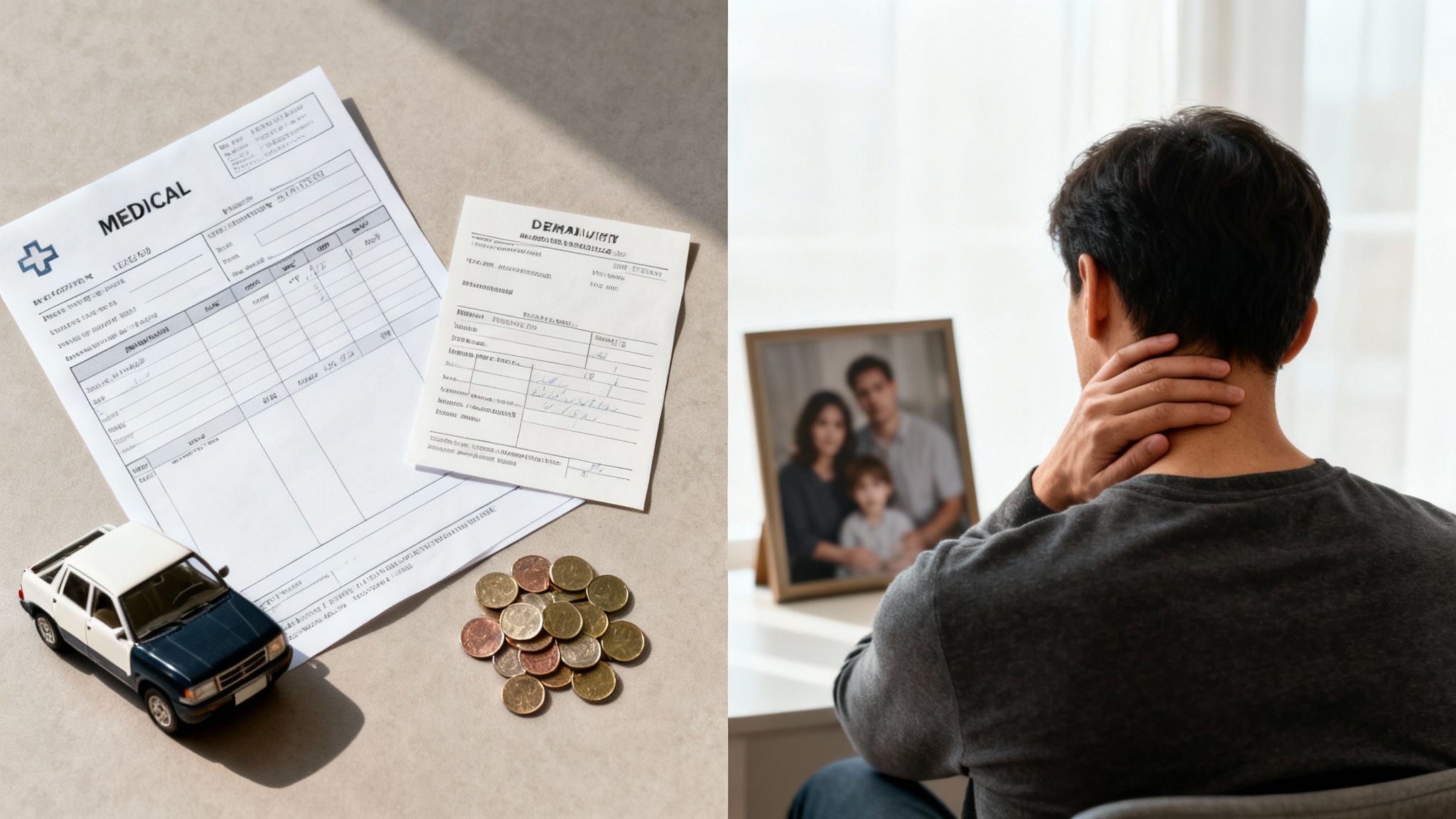 Medical forms, a toy car, coins, and a man with neck pain looking at a family photo.