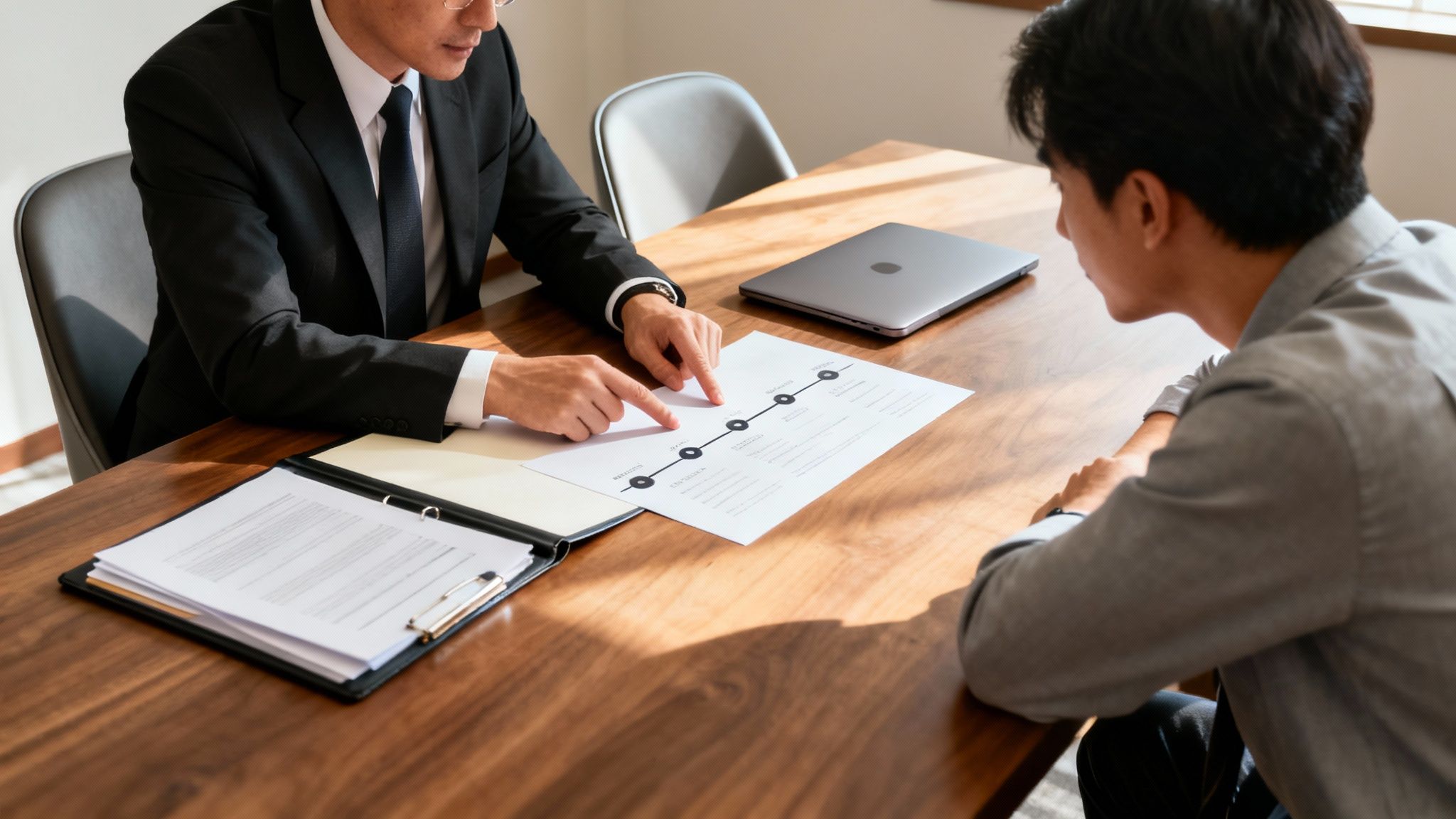 Two professional men discussing a document with a timeline on a wooden table in an office.