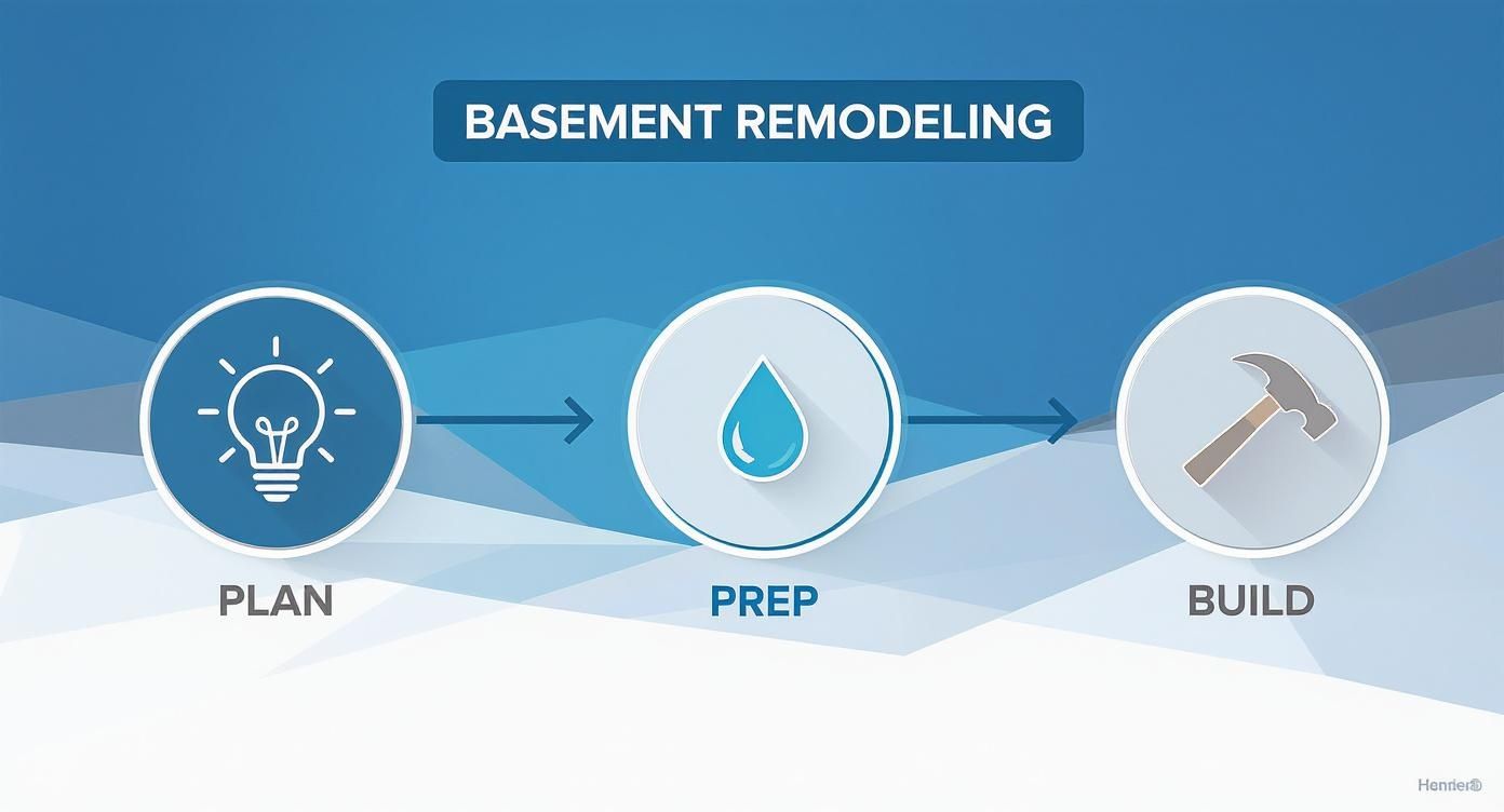 A visual guide illustrating the three essential steps for basement remodeling: Plan, Prep, and Build.