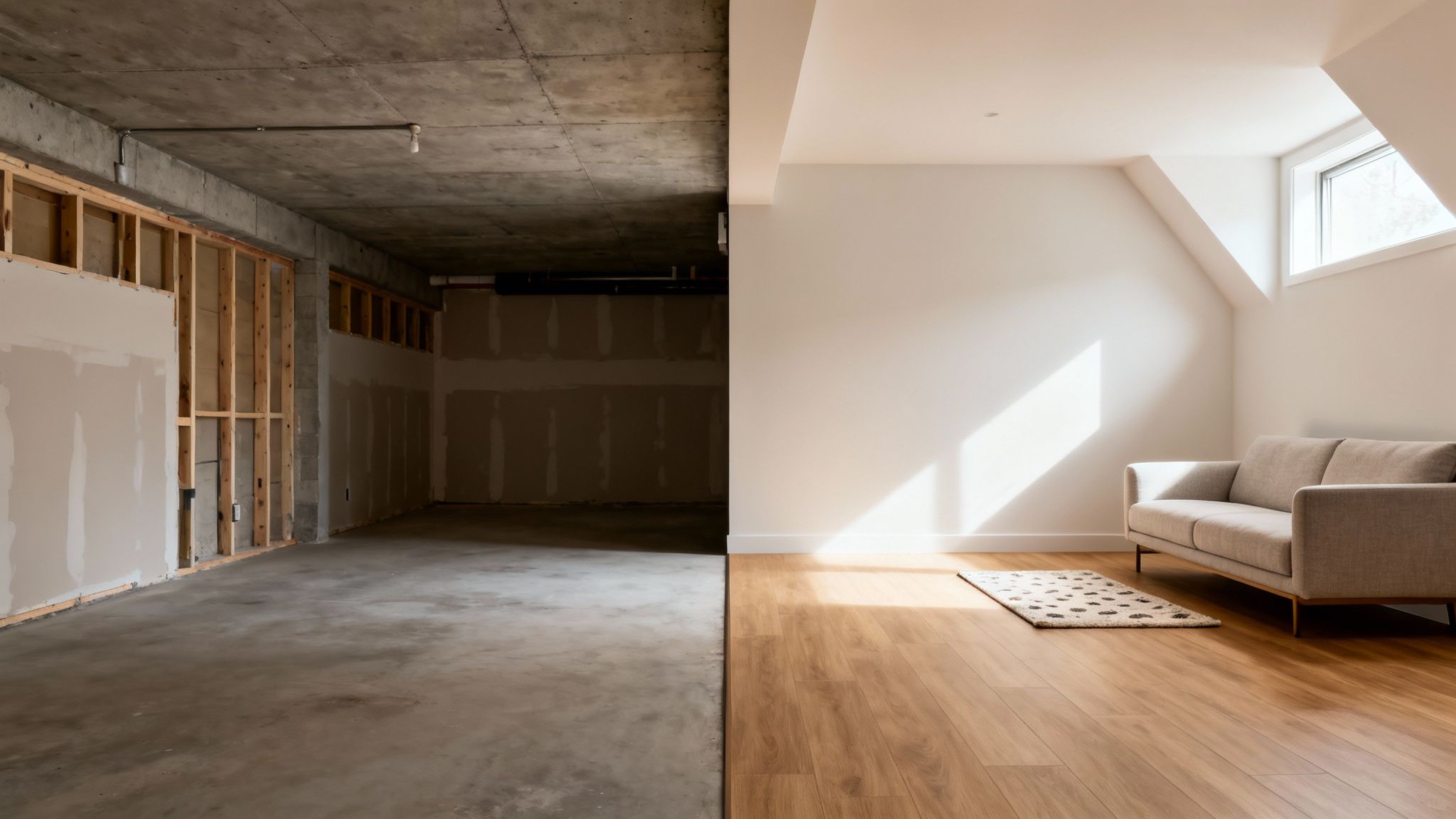 Split image showing an unfinished concrete basement next to a modern finished living space.