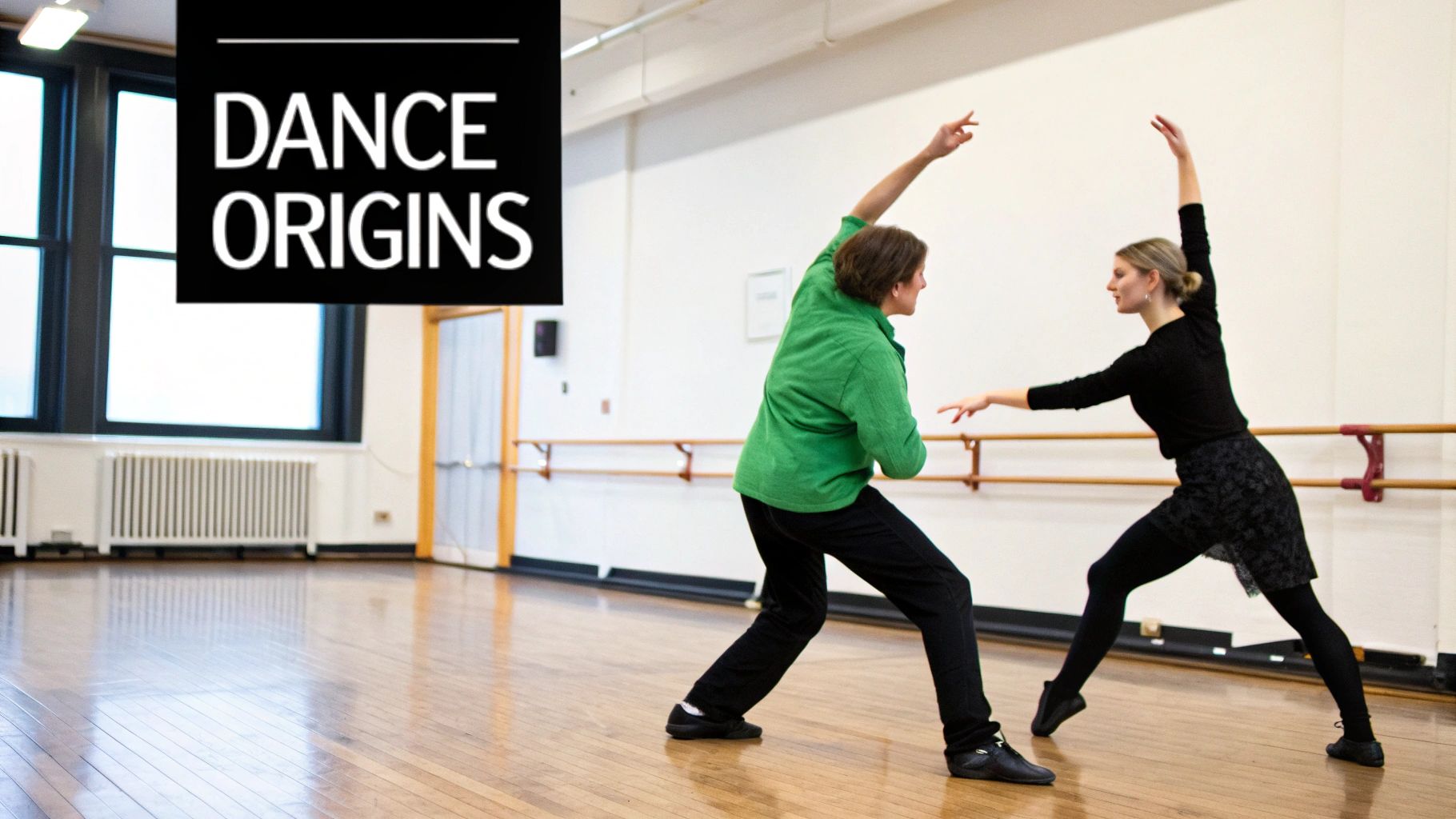Two dancers perform in a bright studio, one in green and one in black, with a 'DANCE ORIGINS' logo.