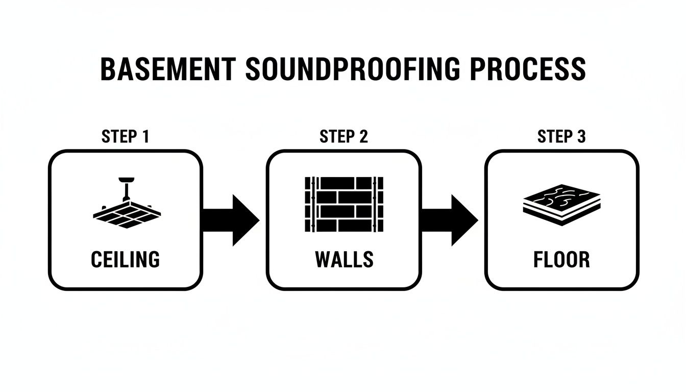 Diagram illustrating the three-step basement soundproofing process: ceiling, walls, and floor.