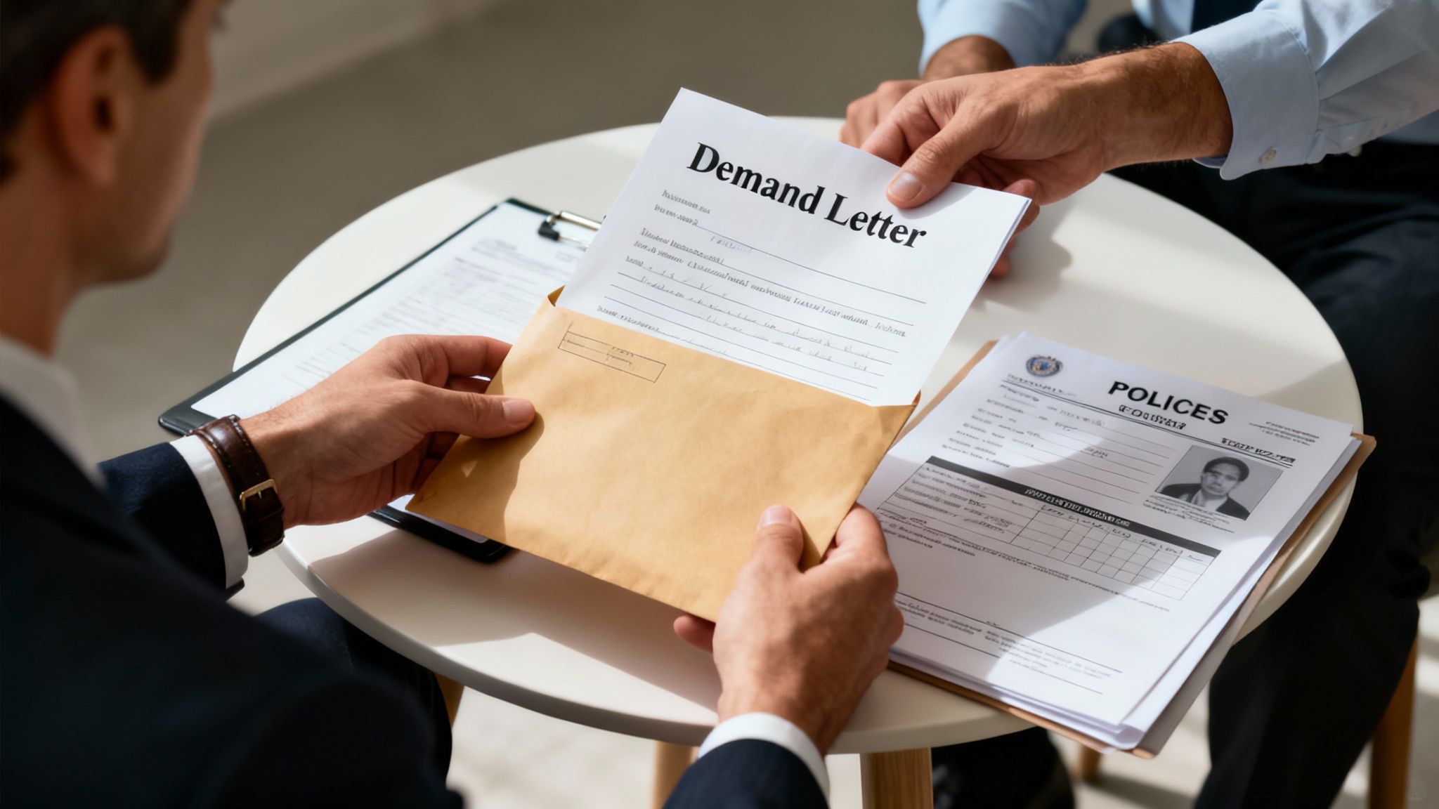 Two people exchanging a demand letter and police documents on a table during a legal discussion.