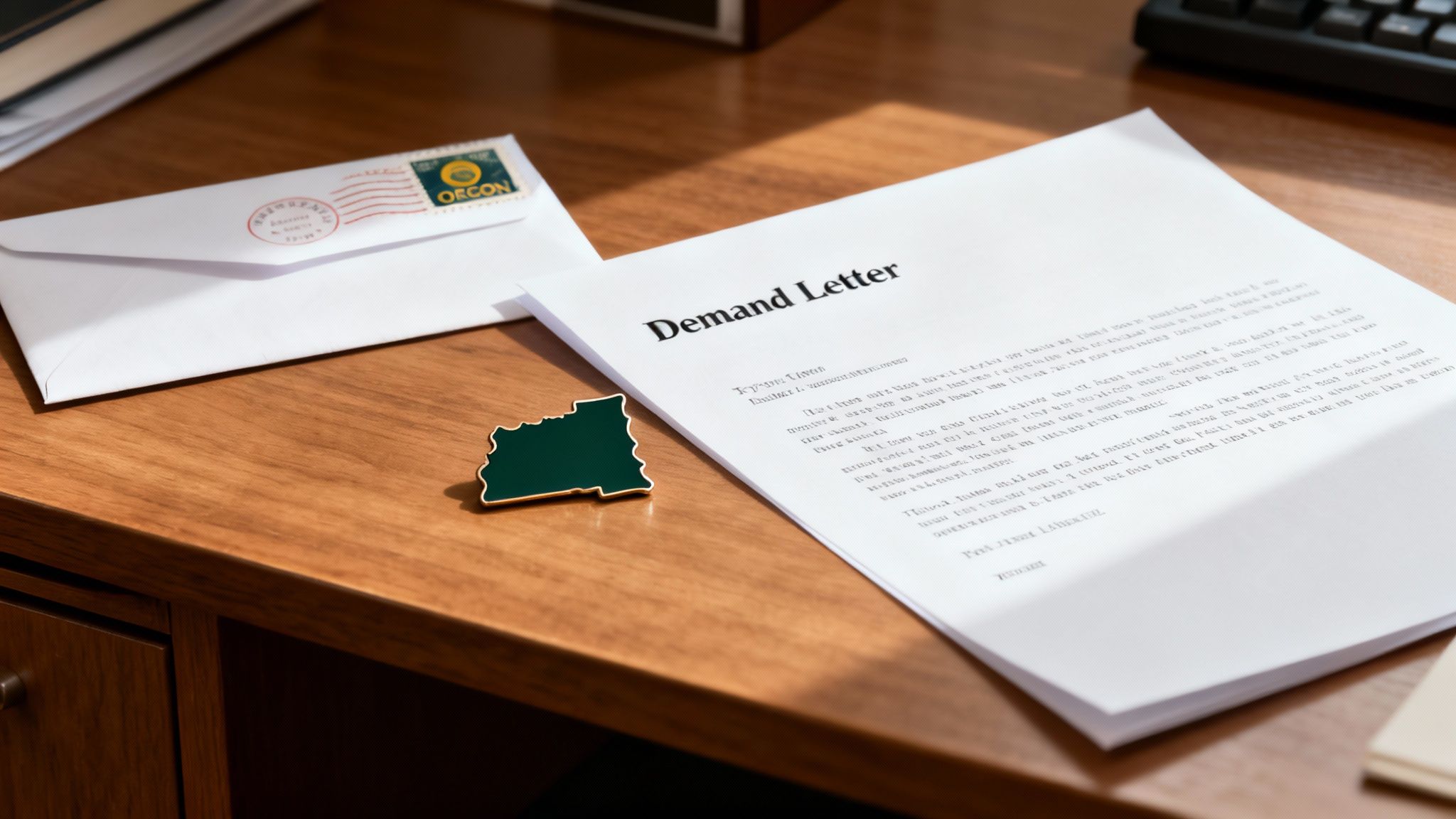 A demand letter document, an envelope, and a green pin rest on a wooden desk.