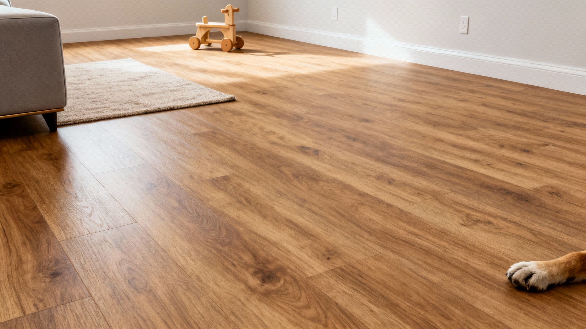 A light brown wooden floor in a sunlit room, with a gray sofa, beige rug, and a dog's paw.