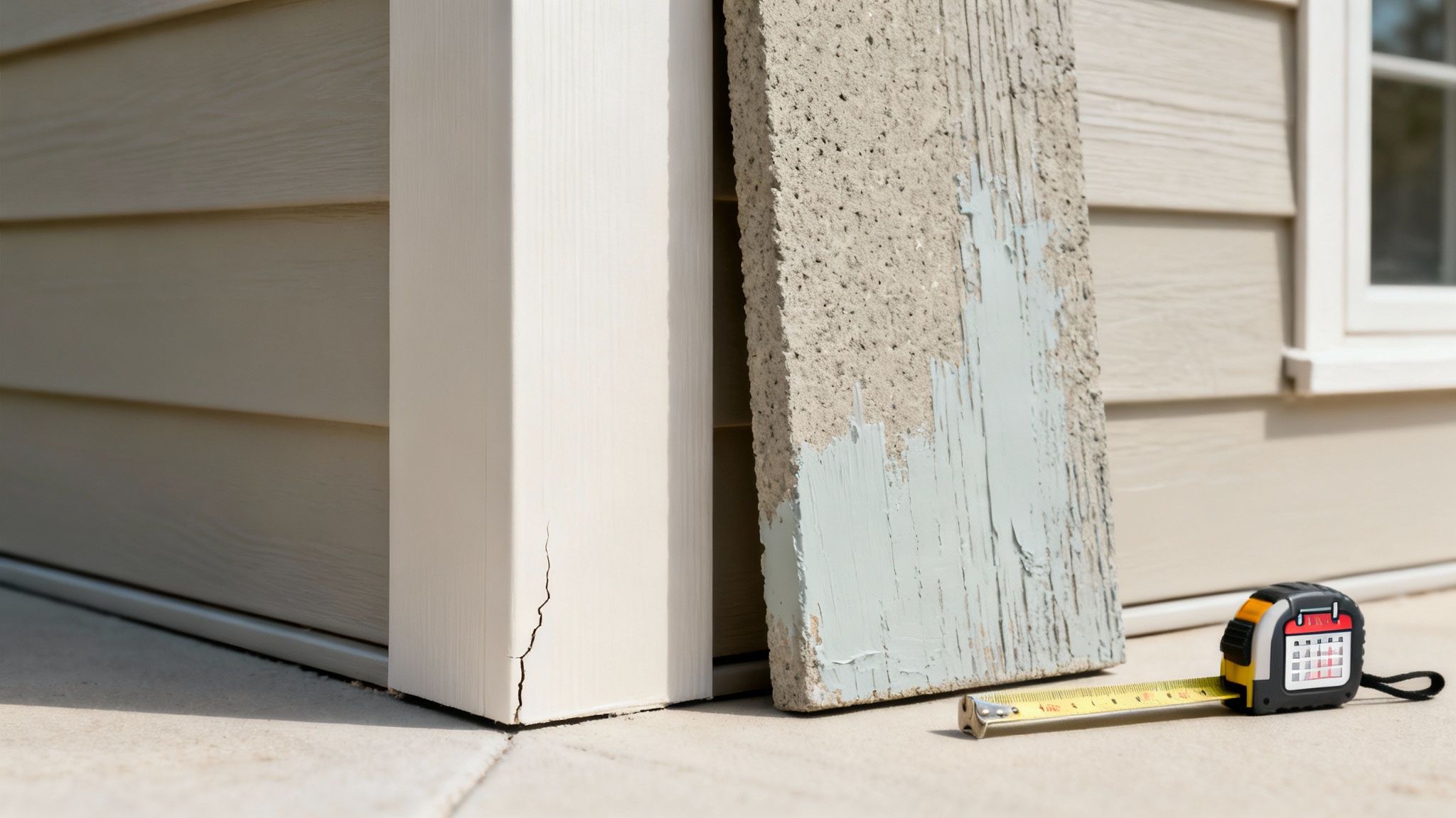 Close-up of beige house siding next to a cracked white column and concrete board with light blue paint, with a measuring tape on the ground.