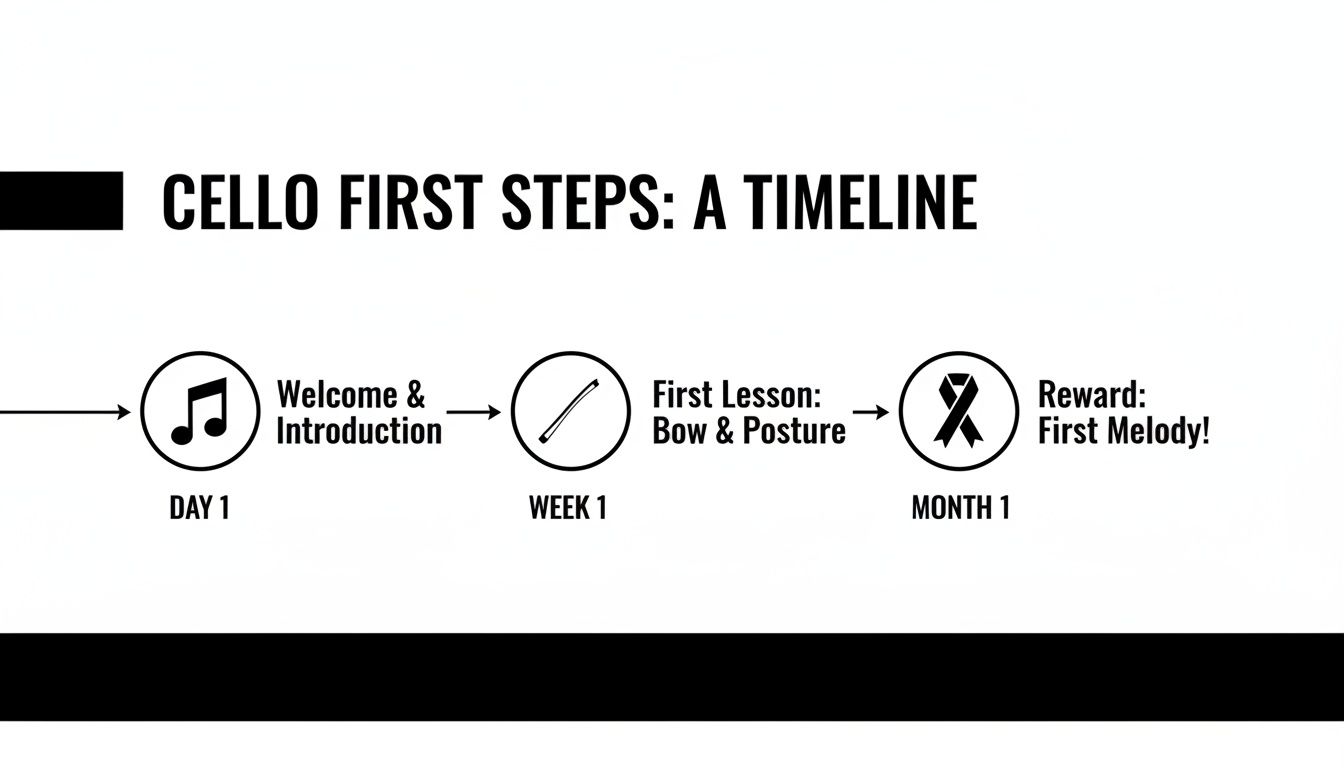 A timeline graphic outlining the first steps in learning cello, from introduction to playing a first melody.