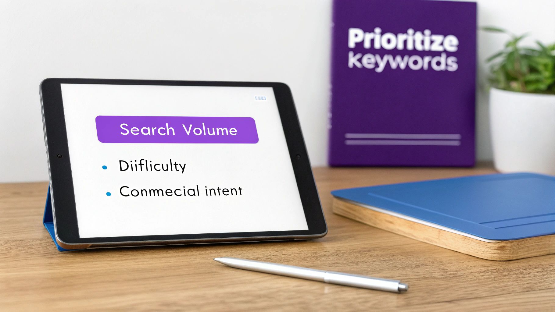 A tablet displays a presentation about 'Search Volume' with bullet points on 'Diifficulty' and 'Conmecial intent', alongside a 'Prioritize keywords' book and notebook on a wooden desk.