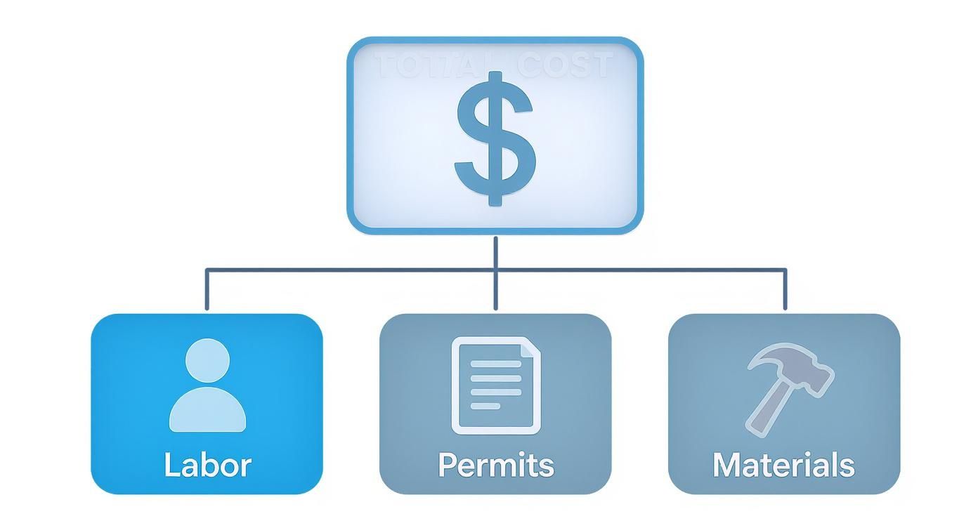 Infographic showing basement finishing cost breakdown into labor, permits, and materials categories