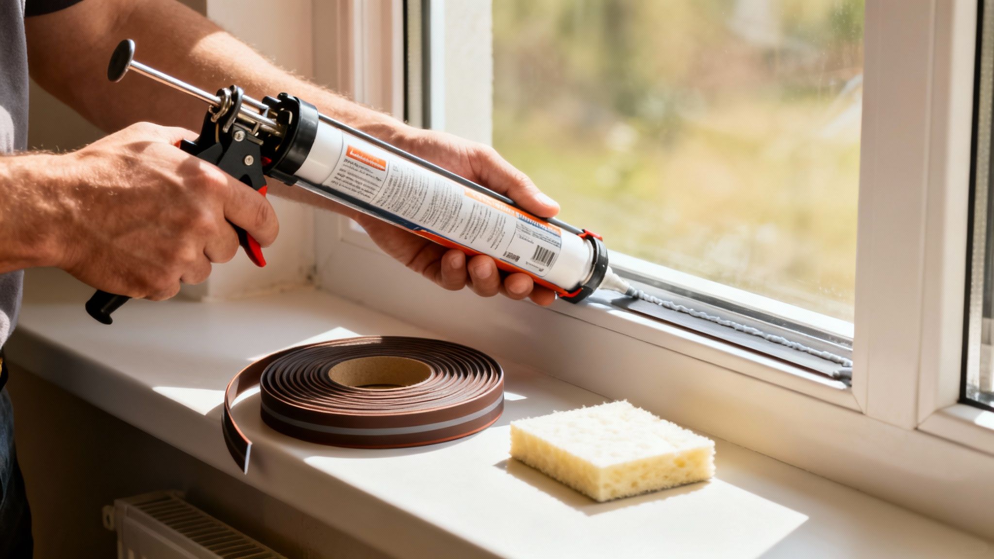 A person is applying sealant to a window with a caulking gun for home energy efficiency.