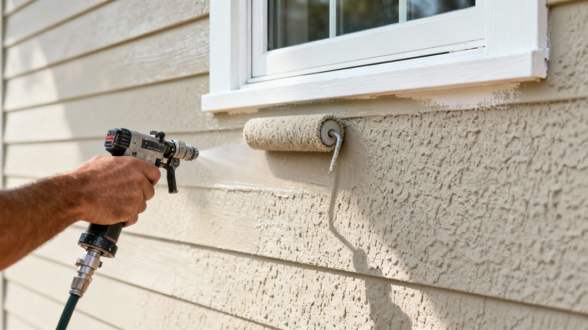 A person is painting fiber cement siding of a house using a paint sprayer and a roller.