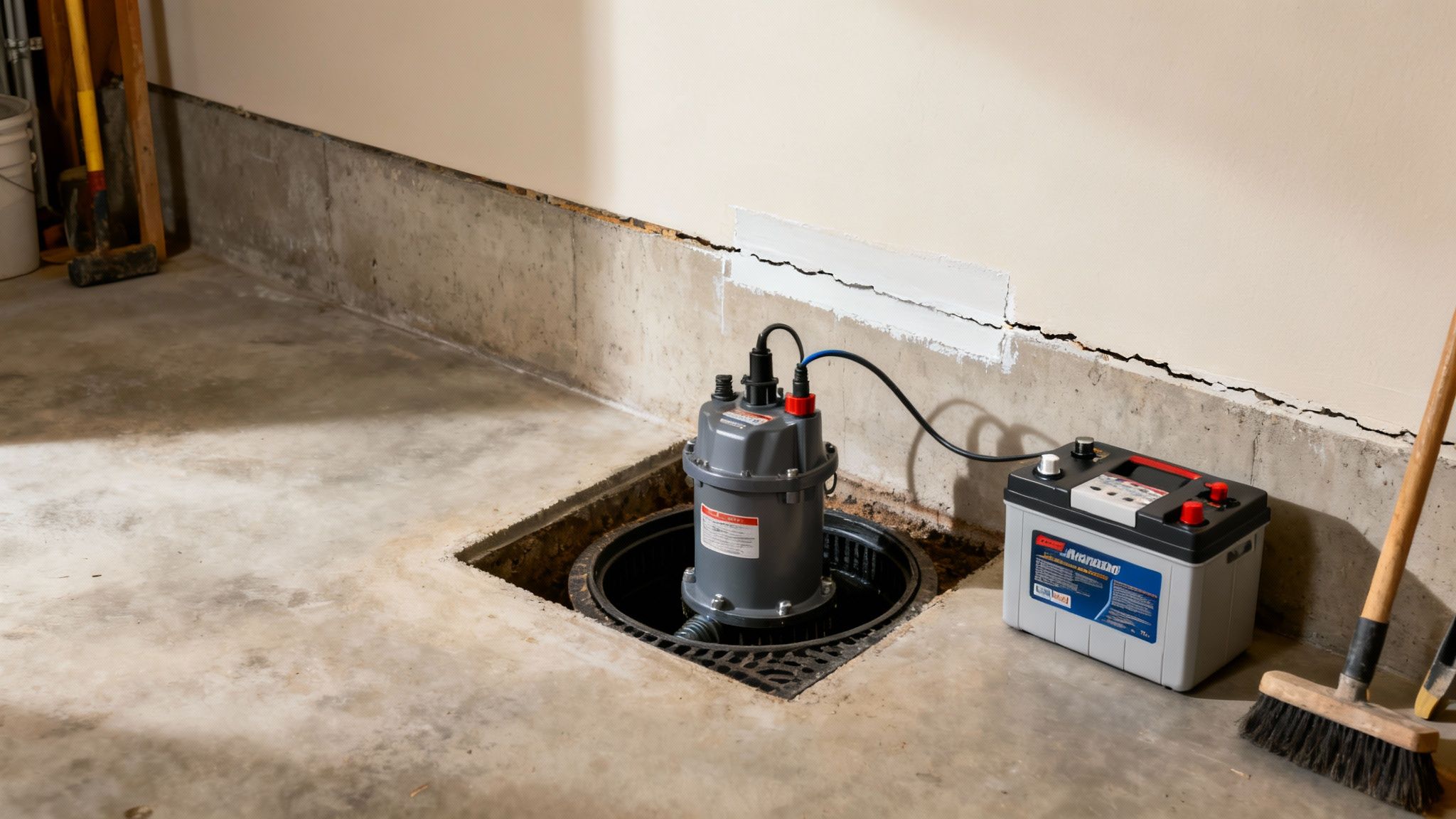 A gray sump pump in a floor pit connected to a backup battery, addressing foundation cracks.