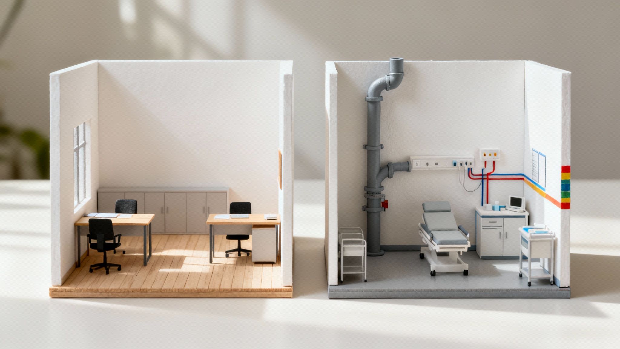 Construction workers collaborating on a tenant improvement project inside a commercial building.