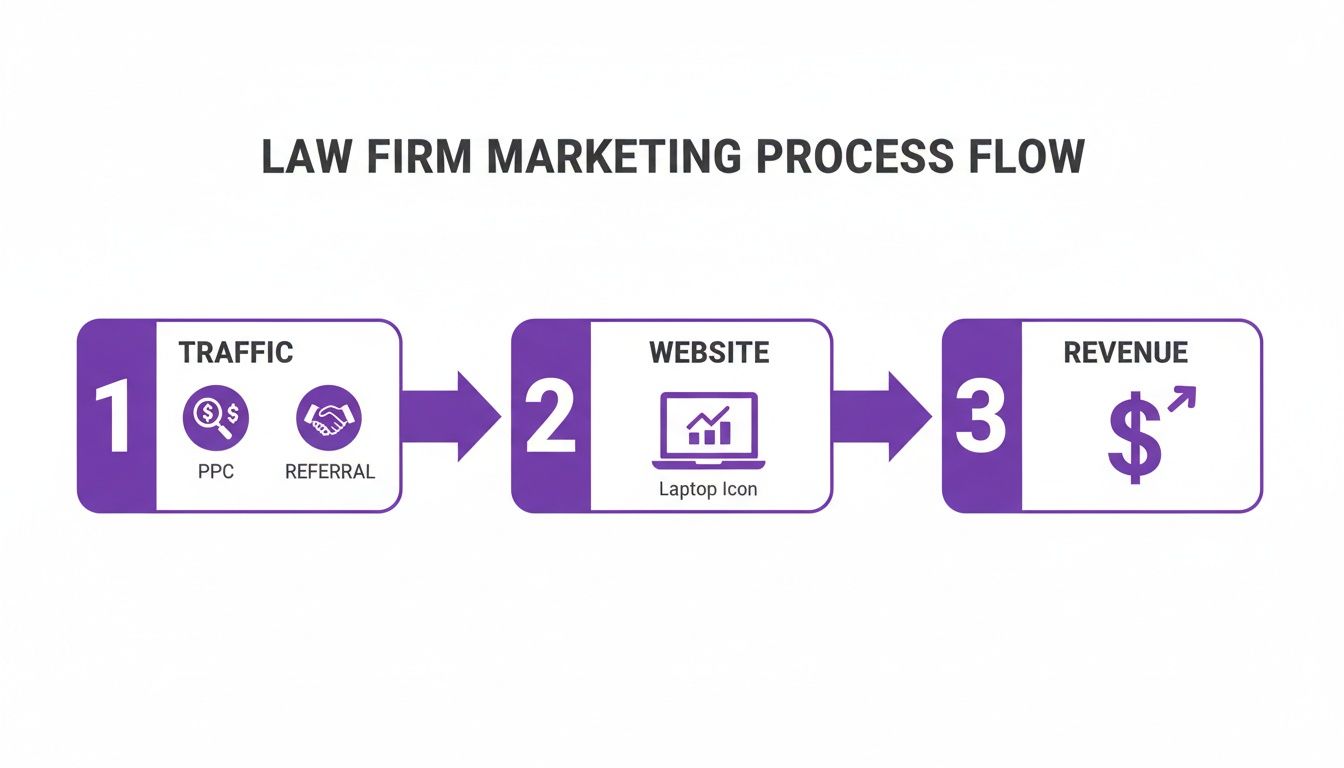 Law firm marketing process flow illustrating traffic, website, and revenue generation steps.