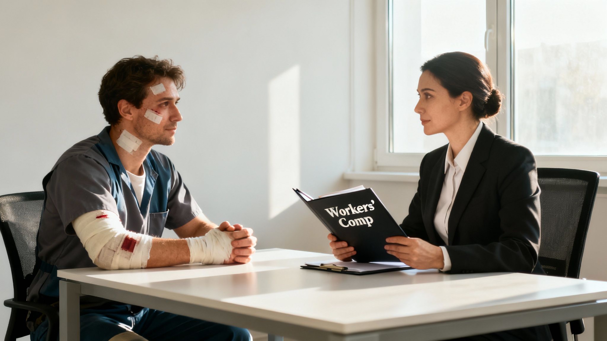 An attorney sitting at a desk, reviewing documents with a client in a professional office setting.