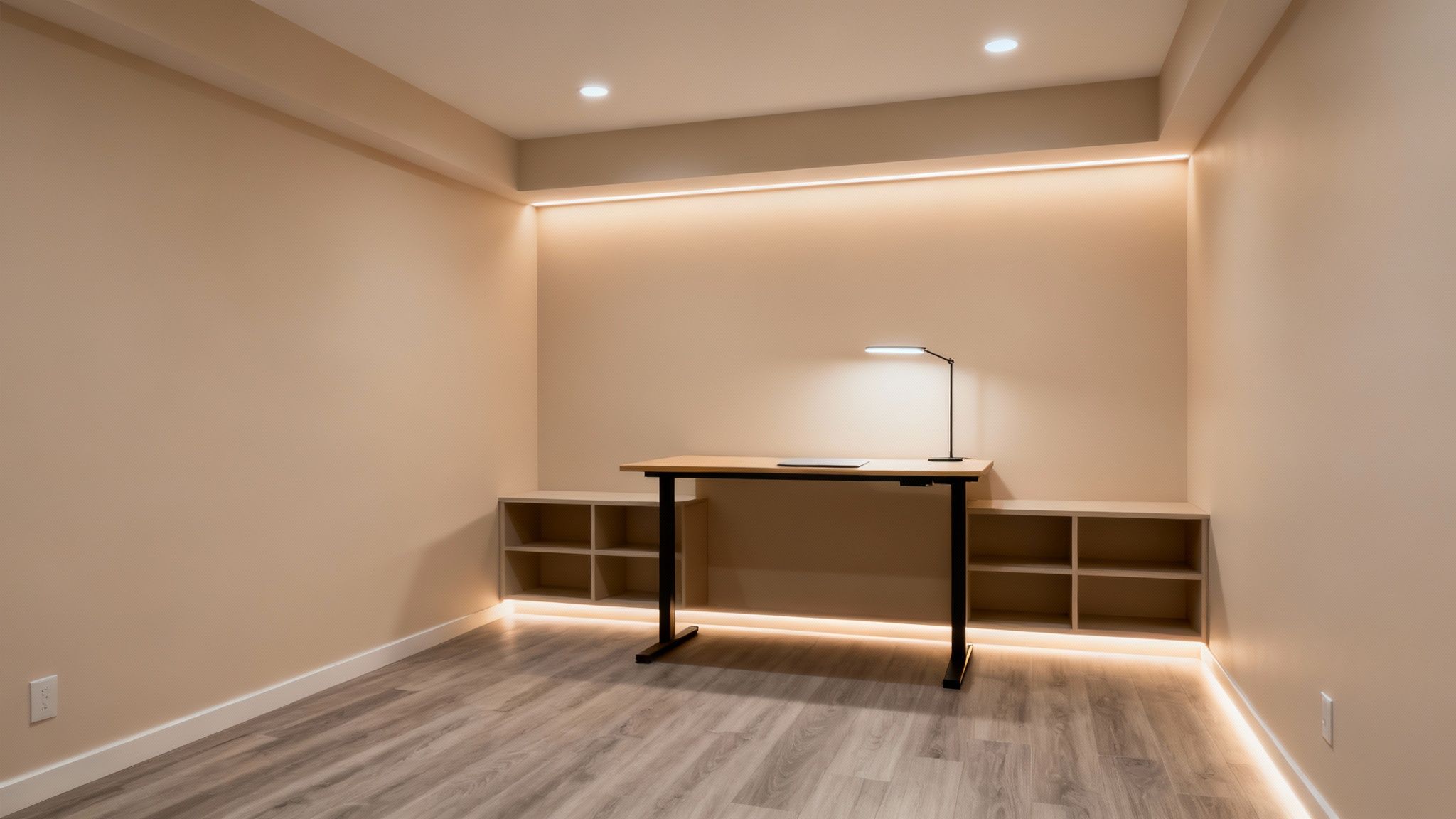 A modern basement home office with a light wood standing desk, laptop, and warm LED lighting.