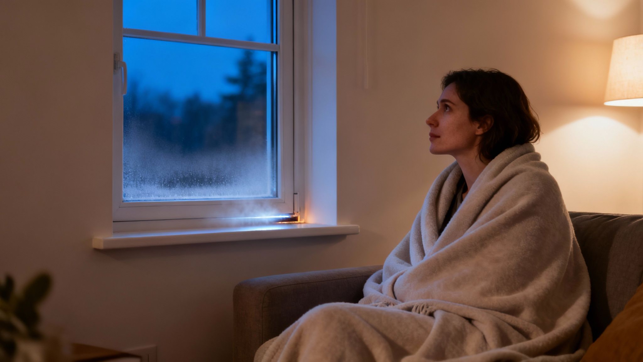 A woman wrapped in a warm blanket gazes out a frosted window, enjoying a cozy evening.