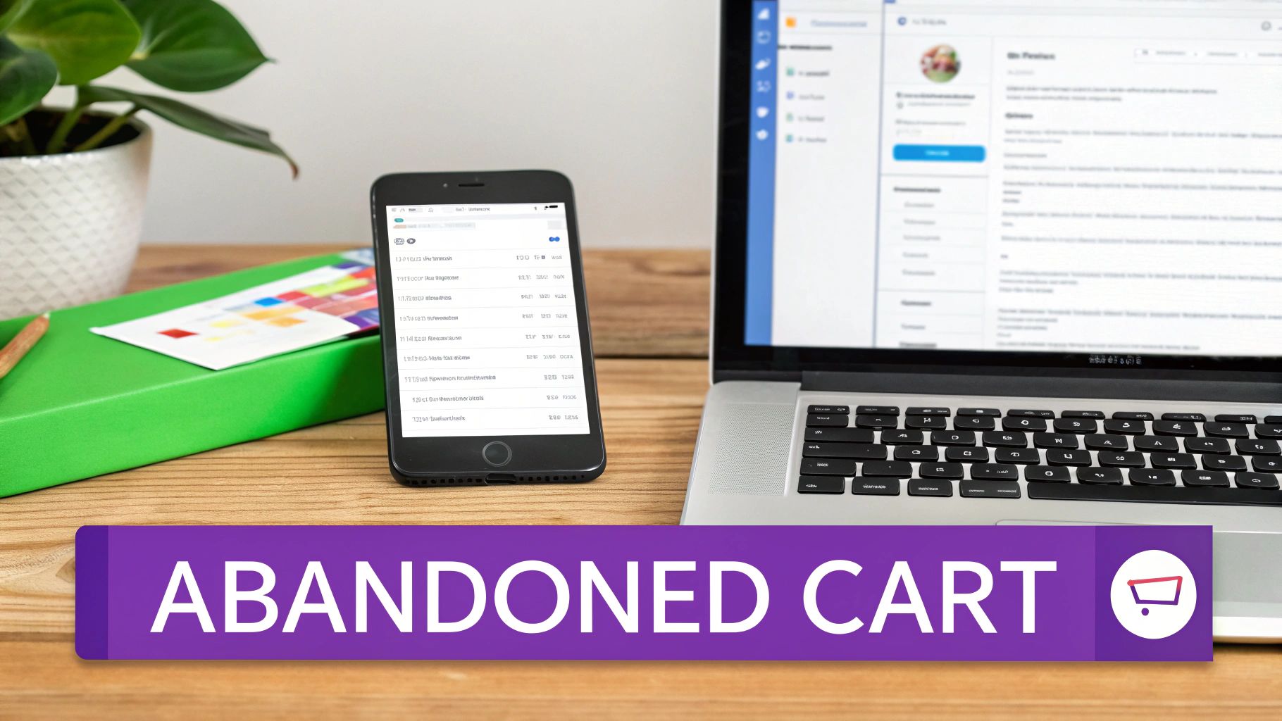 A desk with a laptop, smartphone showing data, and a banner saying 'Abandoned Cart' with a shopping cart icon.