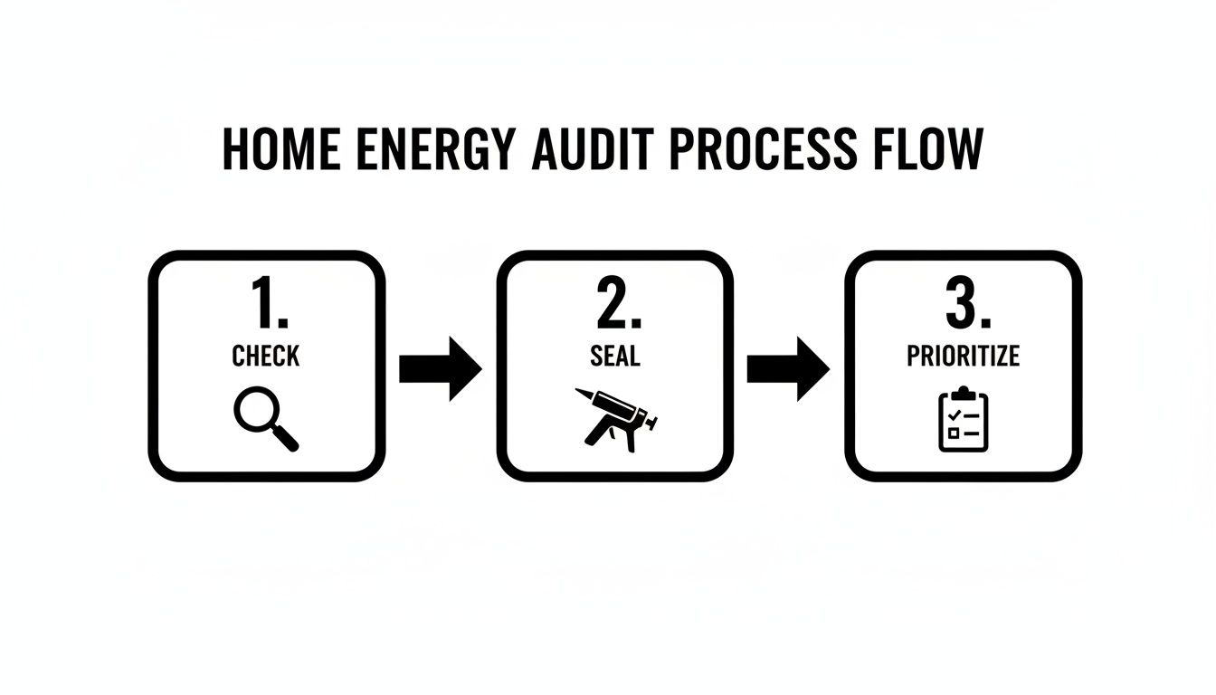 Flowchart showing the 3-step home energy audit process: check, seal, and prioritize.