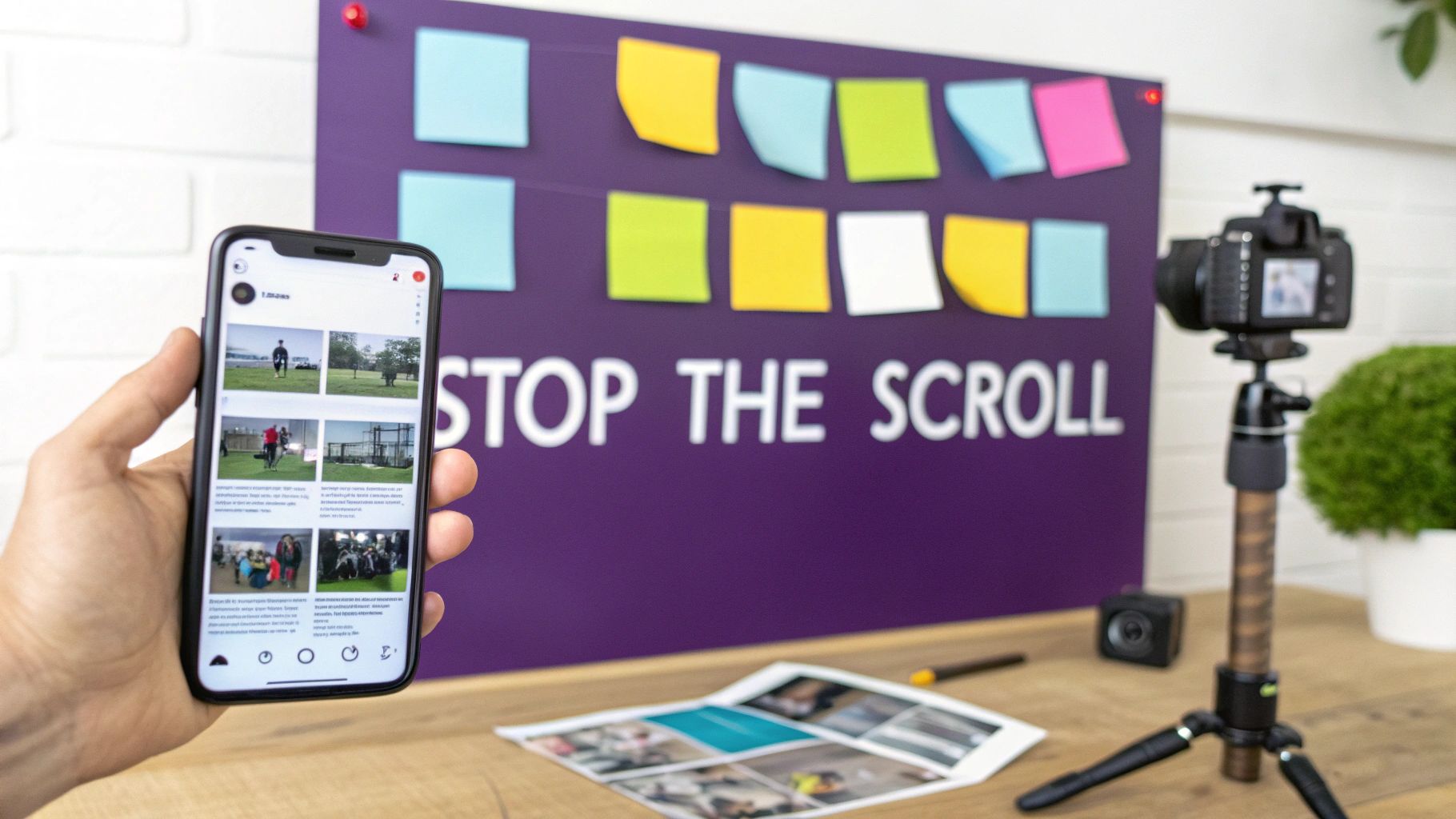 A hand holds a smartphone displaying a social media feed, in front of a 'STOP THE SCROLL' board with sticky notes and a camera setup.