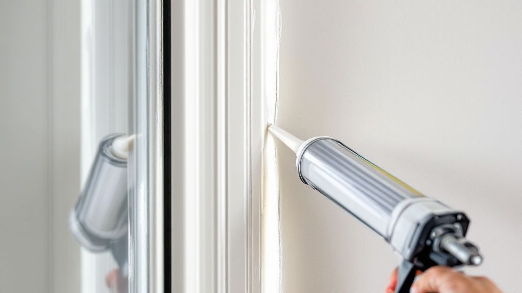 A person is applying a fresh bead of white caulk to seal the gap between a window frame and the exterior wall of a home.