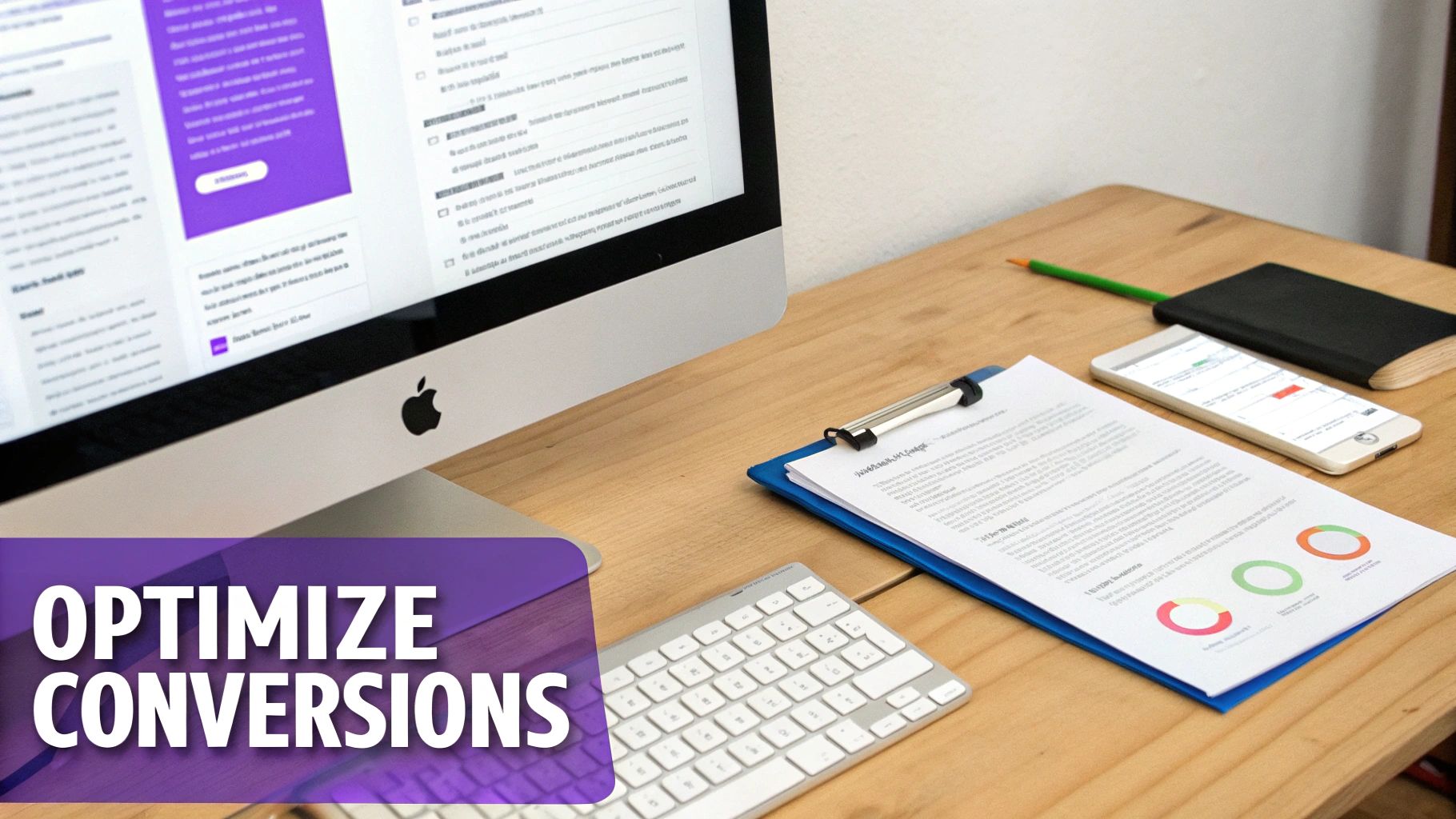 A desk with an iMac, keyboard, clipboard with charts, smartphone, and notebook. Text: OPTIMIZE CONVERSIONS.