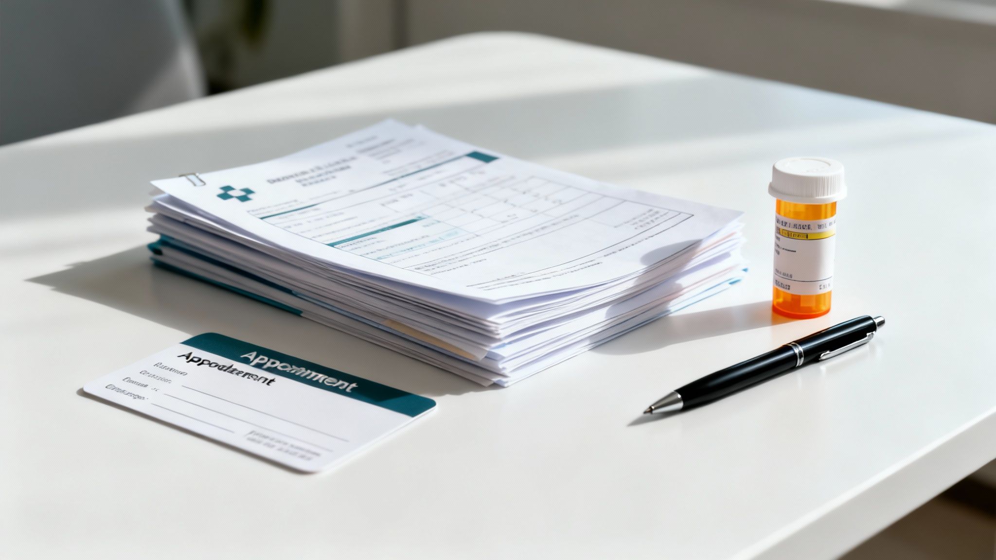 A stack of medical documents, a pill bottle, pen, and appointment card on a white desk.