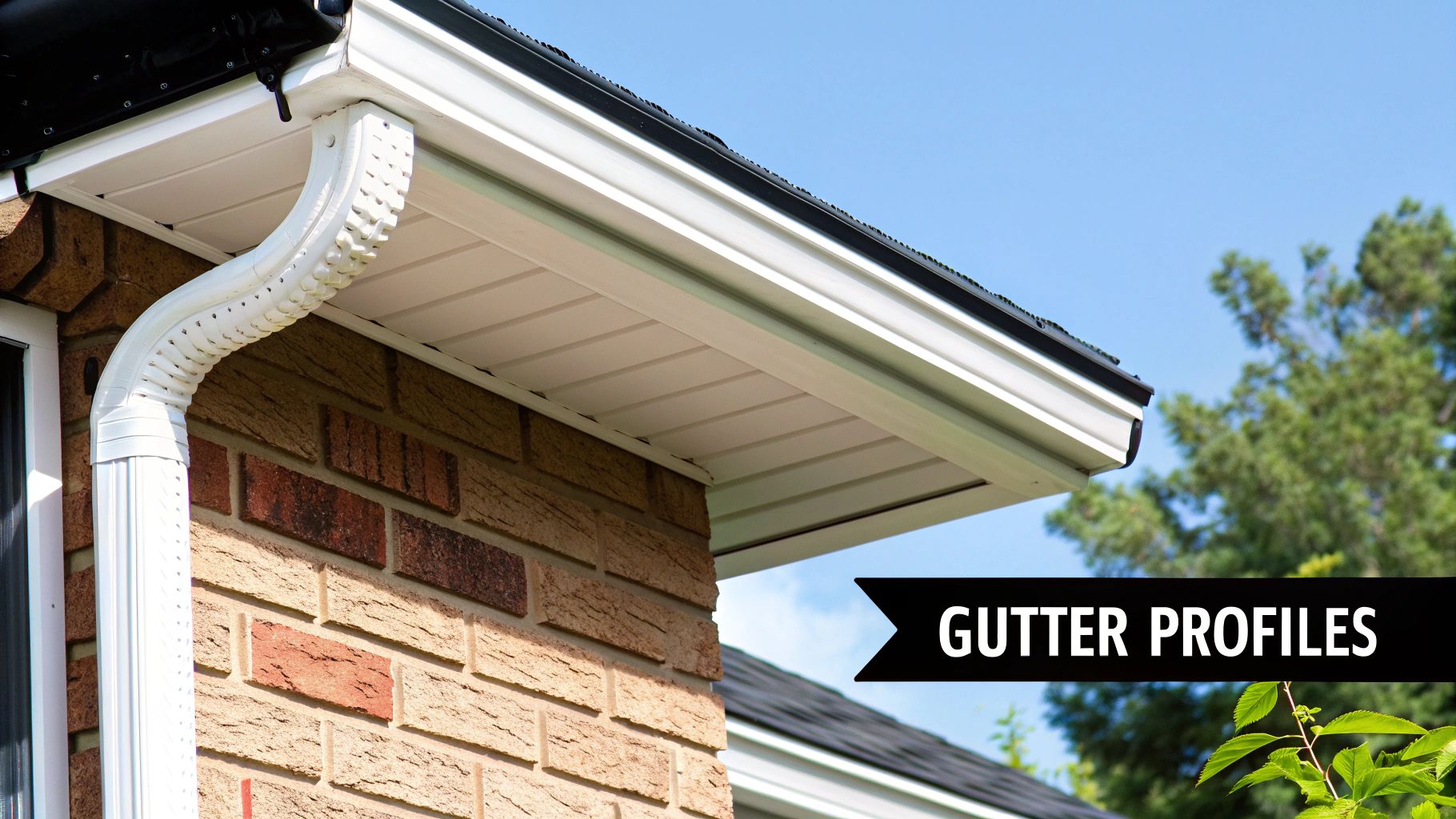 White rain gutter and downspout system on a brick house, under blue sky, with 'GUTTER PROFILES' text.