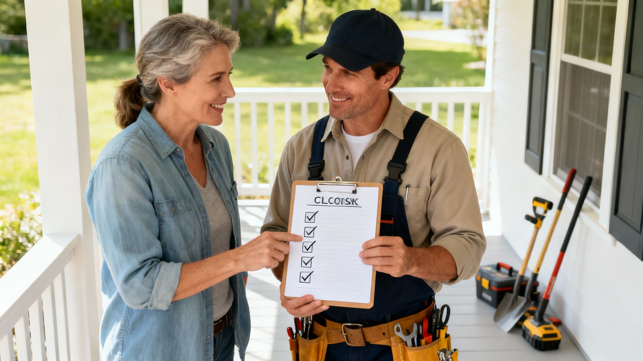 A smiling woman and a handyman discuss a checklist on a clipboard on a home's front porch.