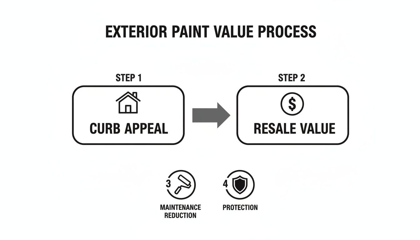 An infographic detailing the exterior paint value process, including curb appeal, resale value, maintenance reduction, and protection.