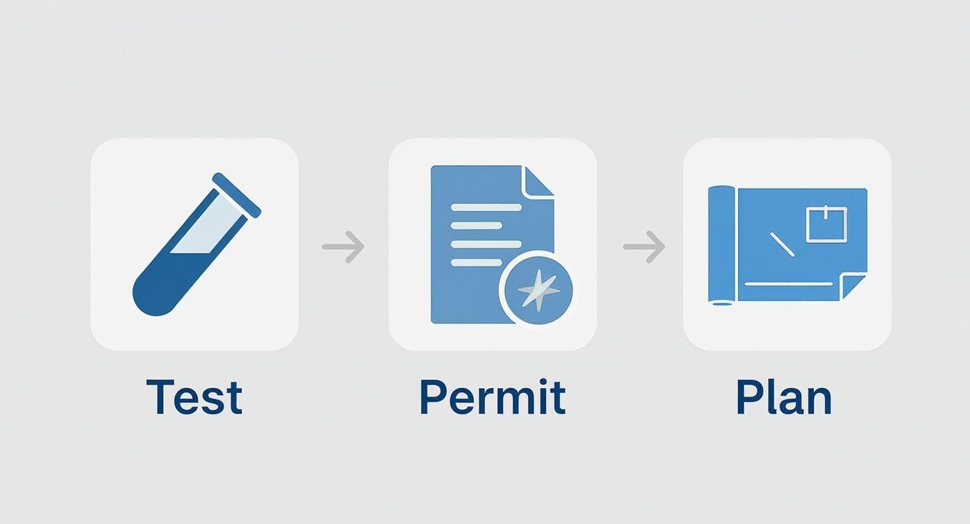 A three-step process diagram with icons: Test (test tube), Permit (document with star), and Plan (blueprints).