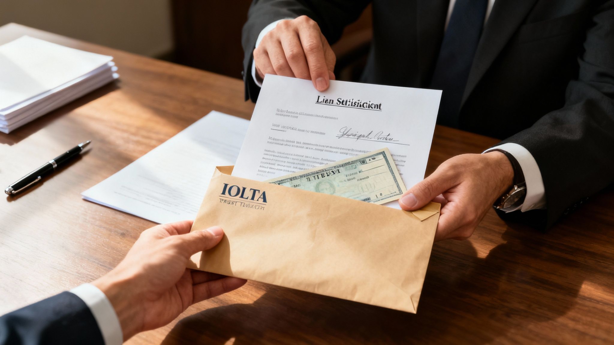 Two people exchanging a 'Lien Satisfaction' document and money in a brown envelope.