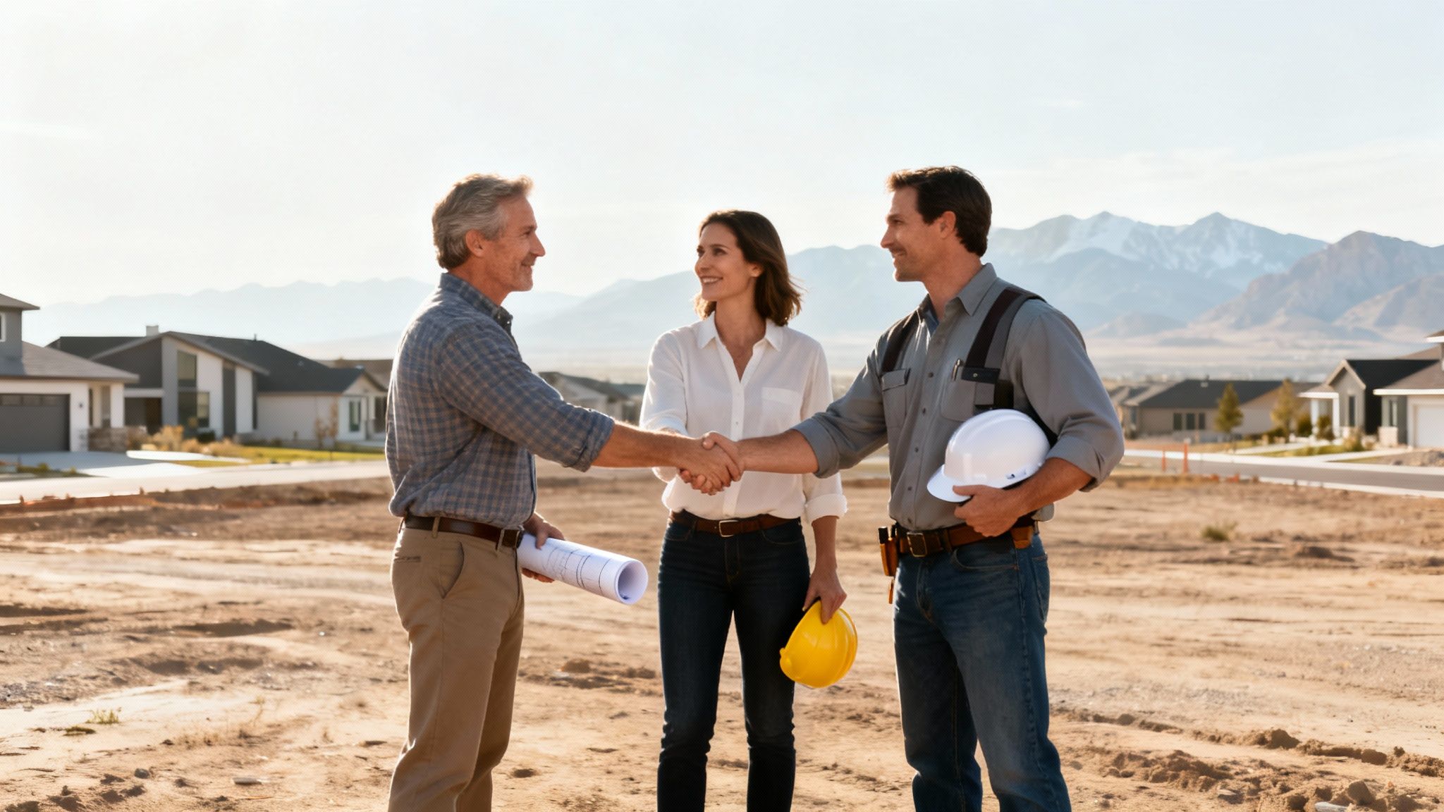 A builder, architect, and client shake hands at a new home construction site.