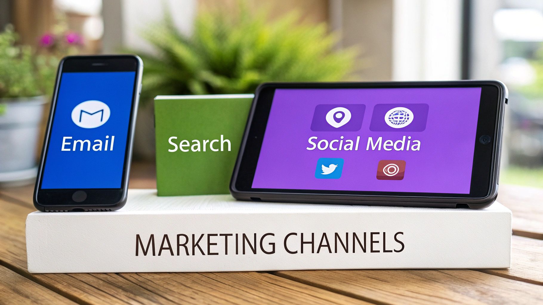 A smartphone, book, and tablet display email, search, and social media marketing channels on a desk.
