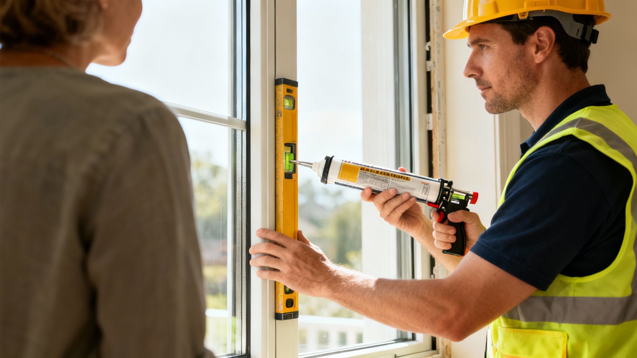 A construction worker in a hard hat and safety vest installs a new window, using a level and caulk gun.