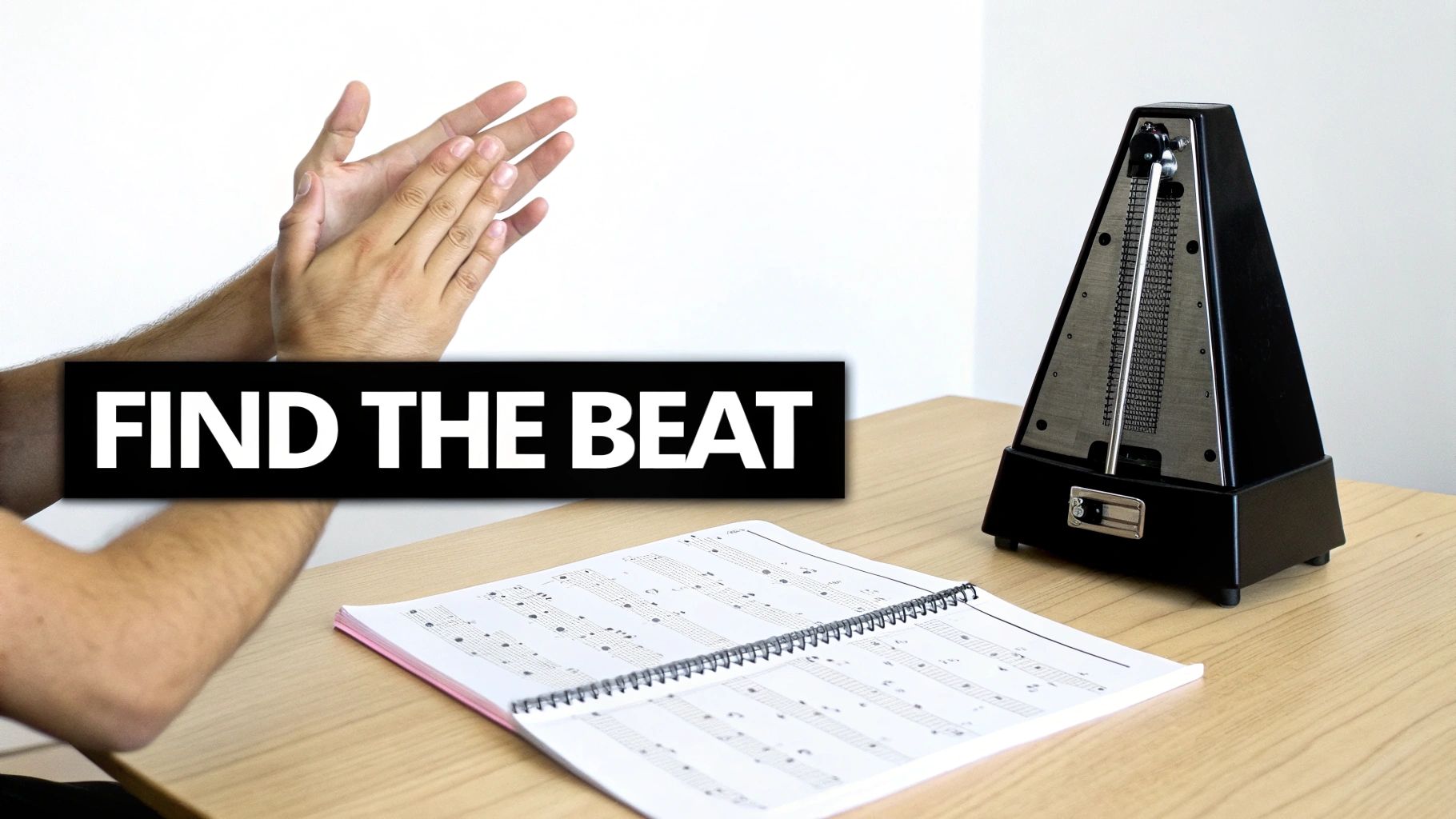 A person's hands clap above open sheet music next to a metronome, with text 'FIND THE BEAT'.