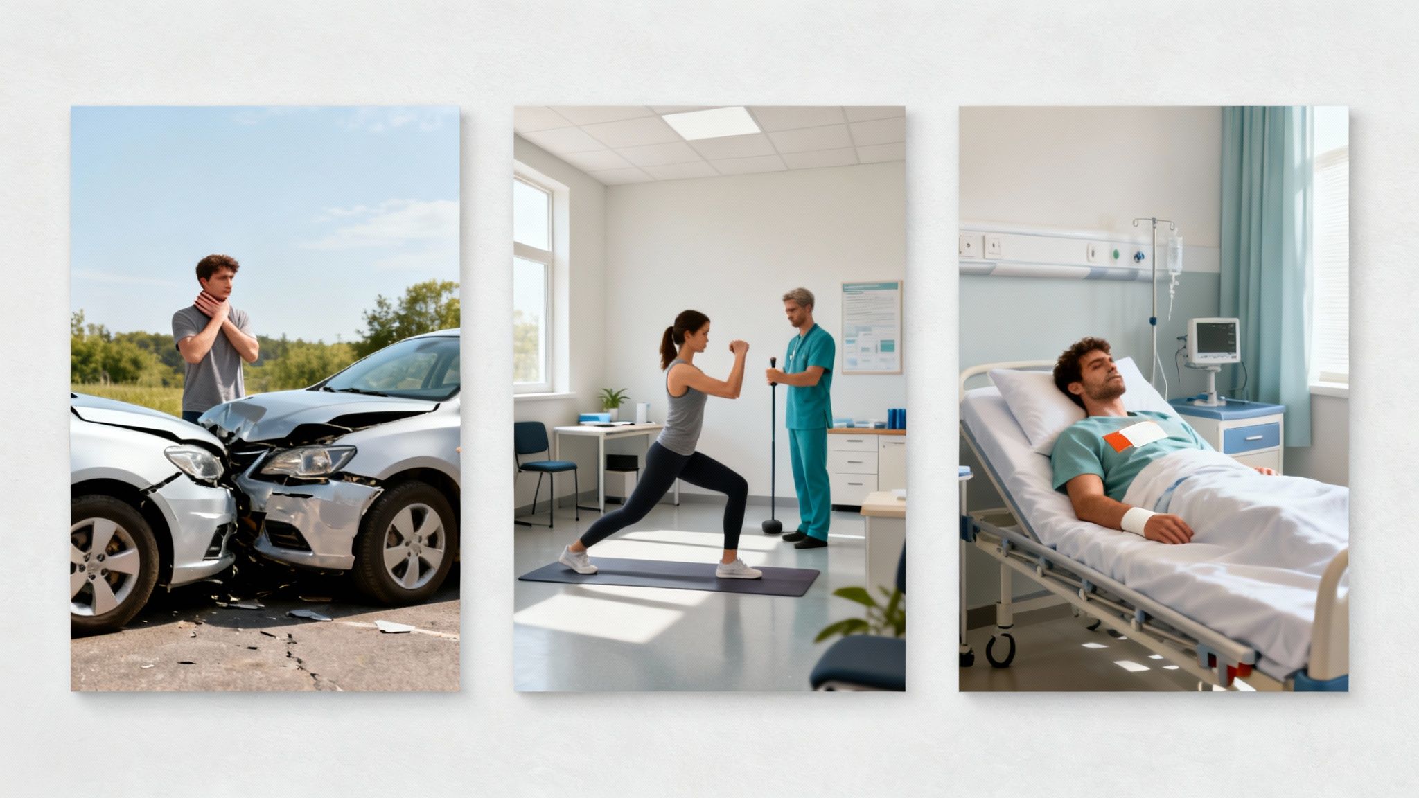 Panels depicting a car accident, hospital stay, and physical therapy for injury recovery.